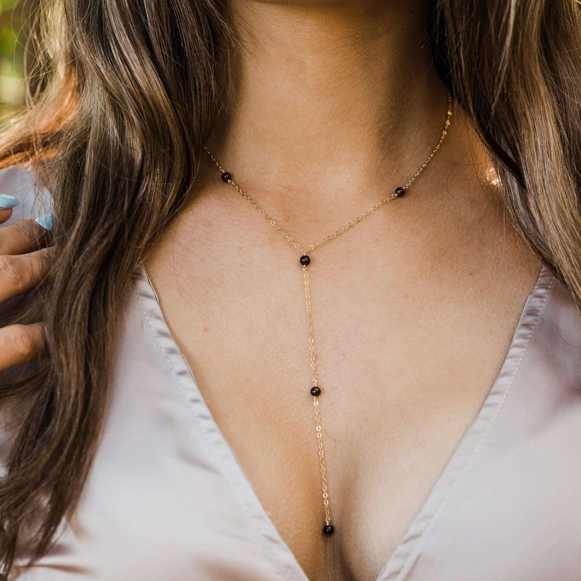Dainty Garnet Lariat Necklace - Dainty Garnet Lariat Necklace - 14k Gold Fill - Luna Tide Handmade Crystal Jewellery