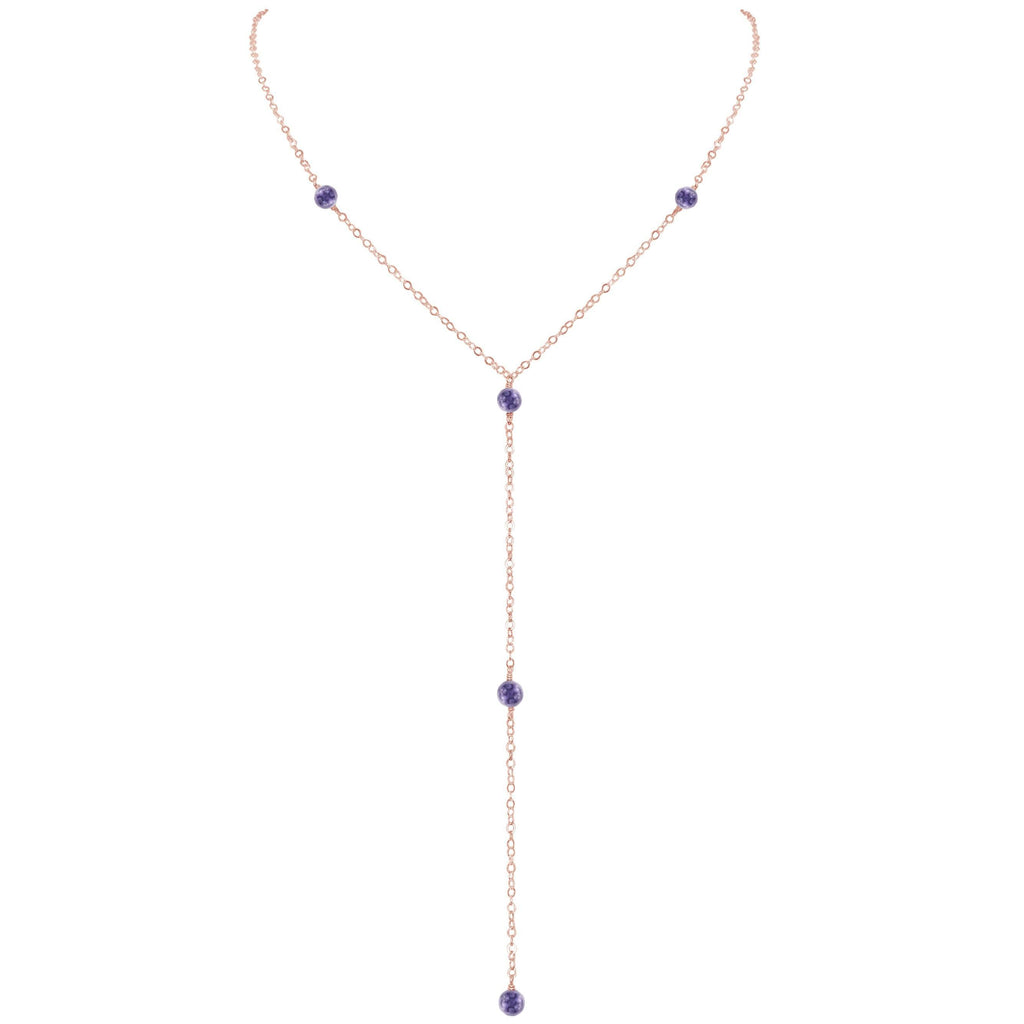 Dainty Iolite Lariat Necklace - Dainty Iolite Lariat Necklace - 14k Rose Gold Fill - Luna Tide Handmade Crystal Jewellery