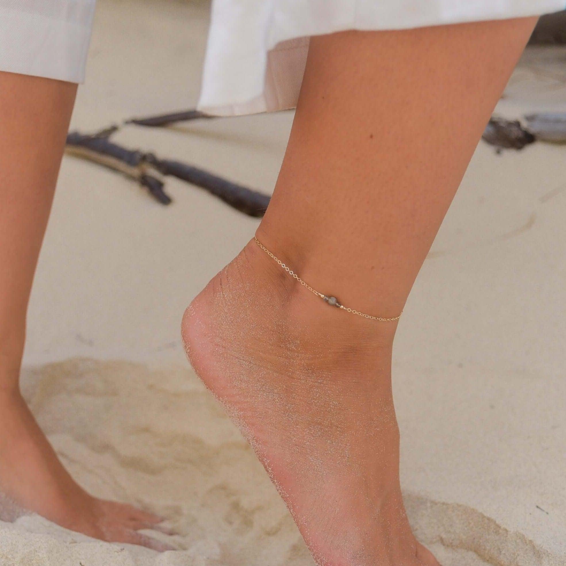 Dainty Labradorite Gemstone Anklet - Dainty Labradorite Gemstone Anklet - 14k Gold Fill - Luna Tide Handmade Crystal Jewellery
