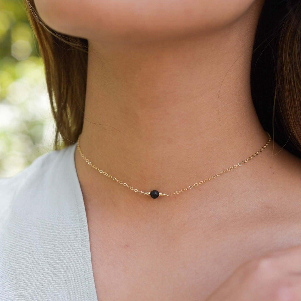 Dainty Lava Stone Gemstone Choker Necklace - Dainty Lava Stone Gemstone Choker Necklace - 14k Gold Fill - Luna Tide Handmade Crystal Jewellery