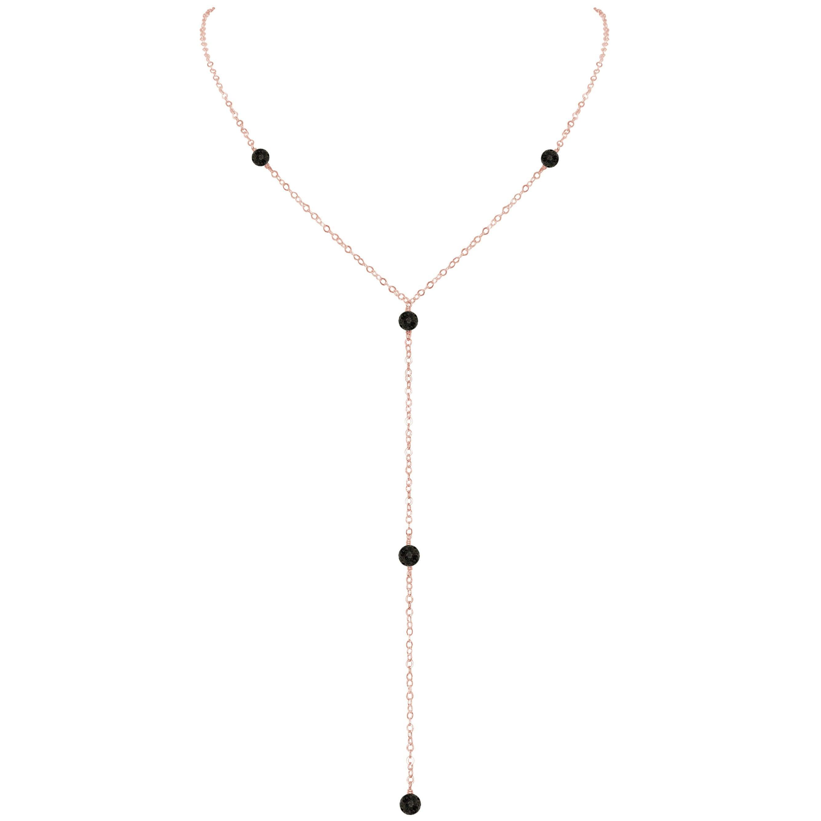 Dainty Lava Stone Lariat Necklace - Dainty Lava Stone Lariat Necklace - 14k Rose Gold Fill - Luna Tide Handmade Crystal Jewellery