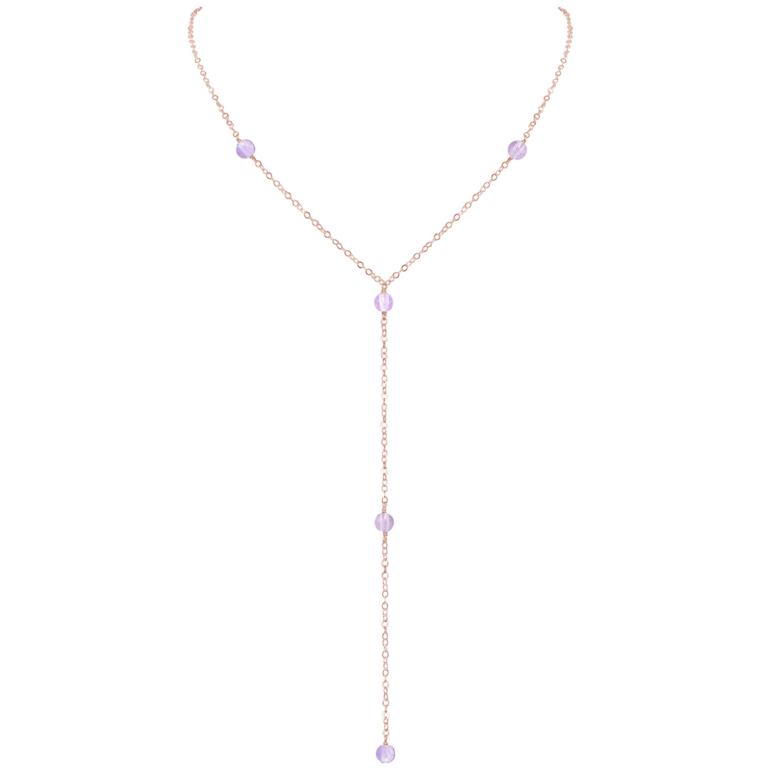 Dainty Pink Amethyst Gemstone Lariat Necklace - Dainty Pink Amethyst Gemstone Lariat Necklace - 14k Rose Gold Fill - Luna Tide Handmade Crystal Jewellery