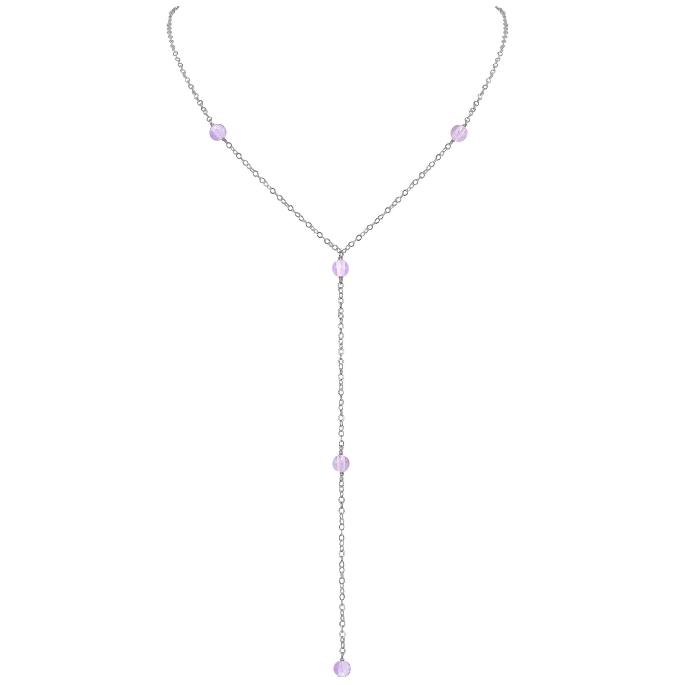 Dainty Pink Amethyst Gemstone Lariat Necklace - Dainty Pink Amethyst Gemstone Lariat Necklace - Stainless Steel - Luna Tide Handmade Crystal Jewellery