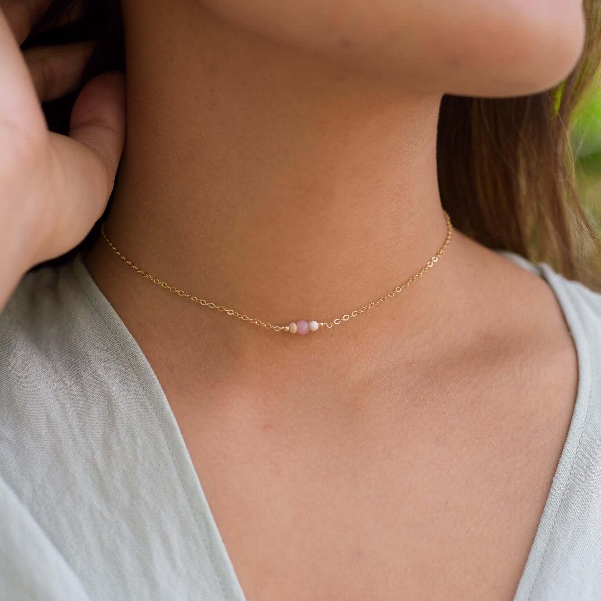 Dainty Pink Peruvian Opal Gemstone Choker Necklace - Dainty Pink Peruvian Opal Gemstone Choker Necklace - 14k Gold Fill - Luna Tide Handmade Crystal Jewellery