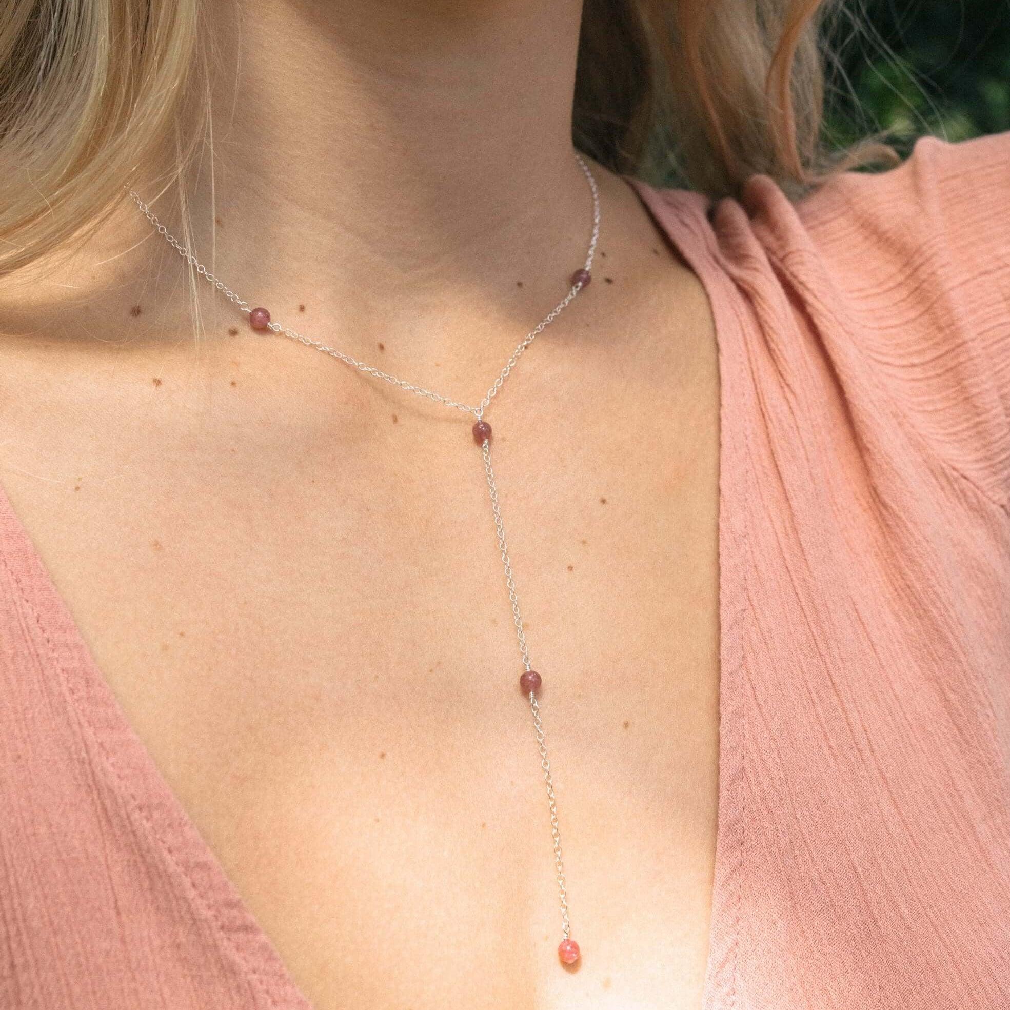 Dainty Pink Tourmaline Lariat Necklace - Dainty Pink Tourmaline Lariat Necklace - 14k Gold Fill - Luna Tide Handmade Crystal Jewellery