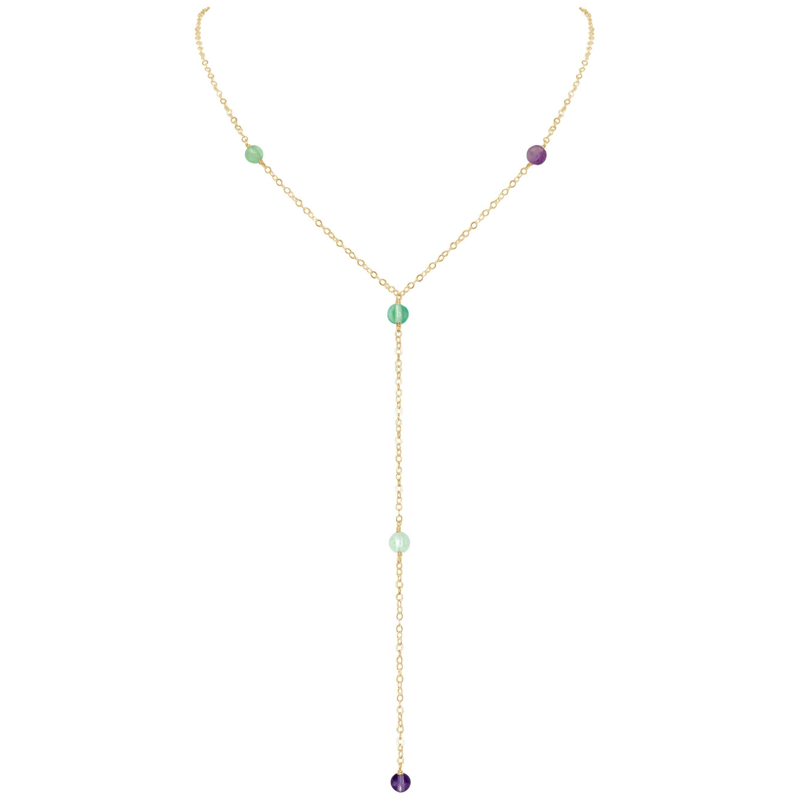 Dainty Rainbow Fluorite Lariat Necklace - Dainty Rainbow Fluorite Lariat Necklace - 14k Gold Fill - Luna Tide Handmade Crystal Jewellery