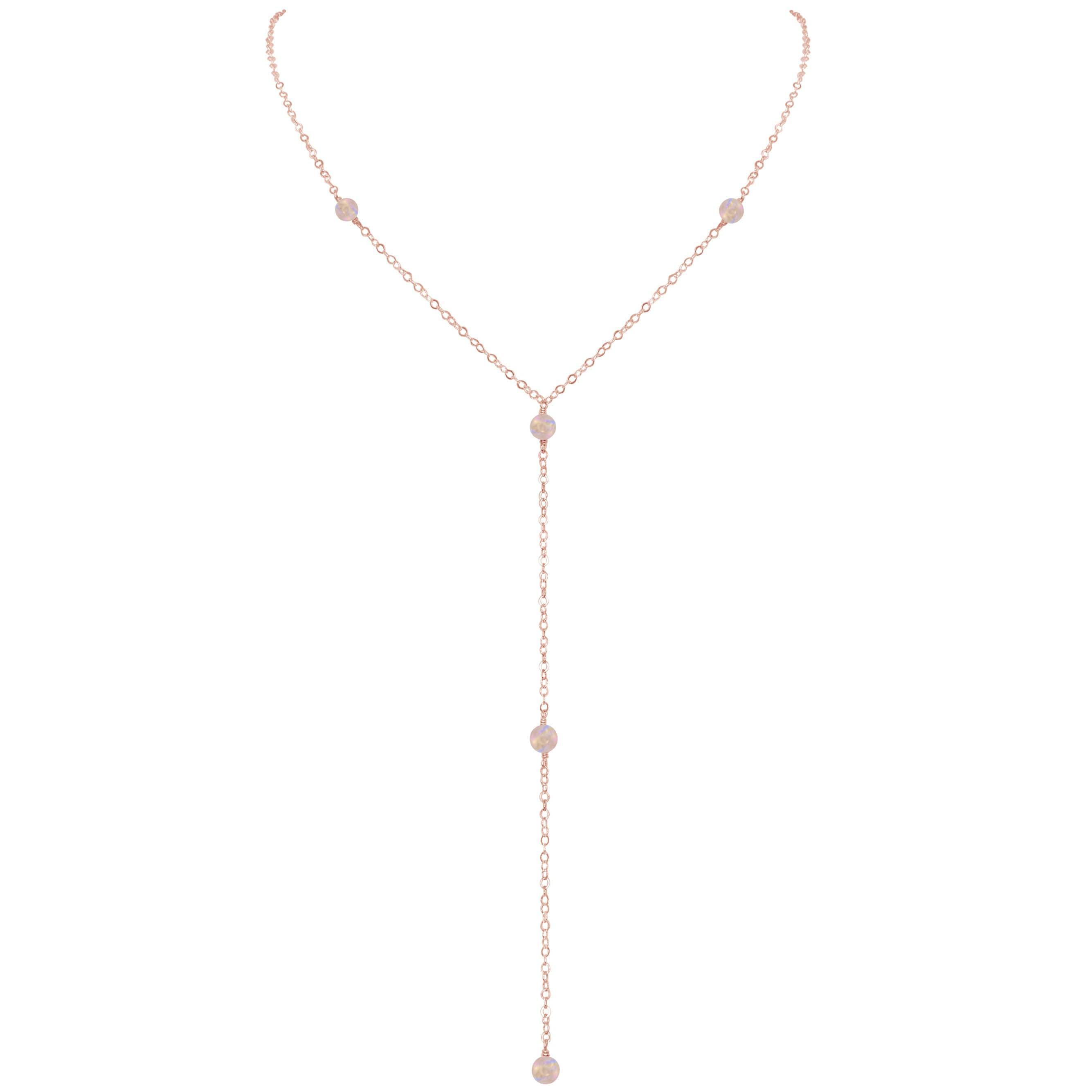 Dainty Rainbow Moonstone Lariat Necklace - Dainty Rainbow Moonstone Lariat Necklace - 14k Rose Gold Fill - Luna Tide Handmade Crystal Jewellery