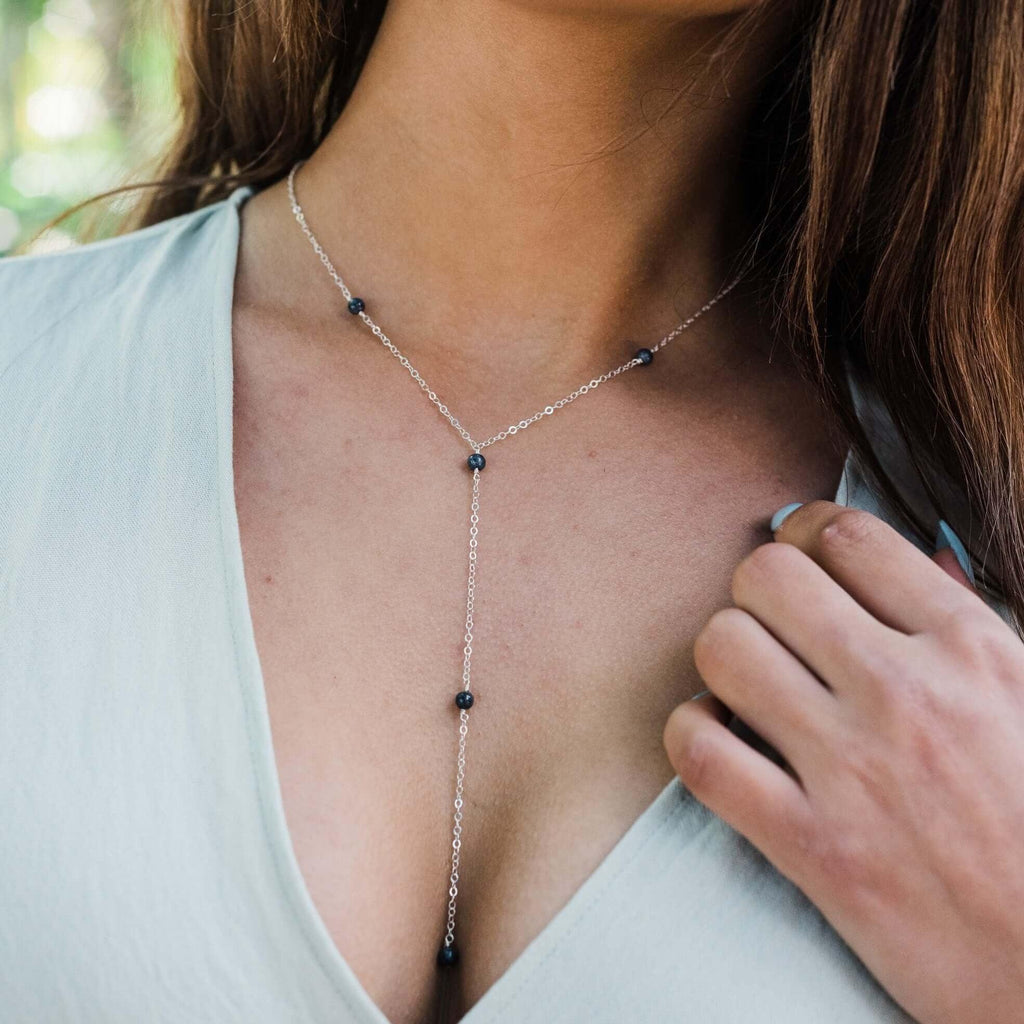 Dainty Sapphire Lariat Necklace - Dainty Sapphire Lariat Necklace - Sterling Silver - Luna Tide Handmade Crystal Jewellery