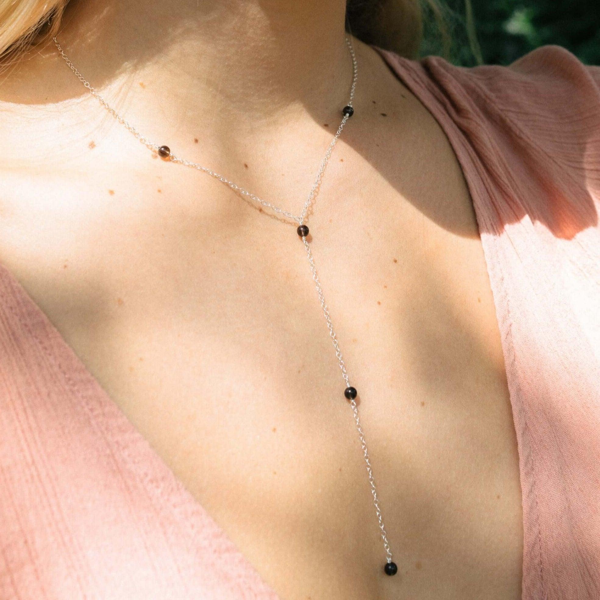 Dainty Smoky Quartz Lariat Necklace - Dainty Smoky Quartz Lariat Necklace - Sterling Silver - Luna Tide Handmade Crystal Jewellery
