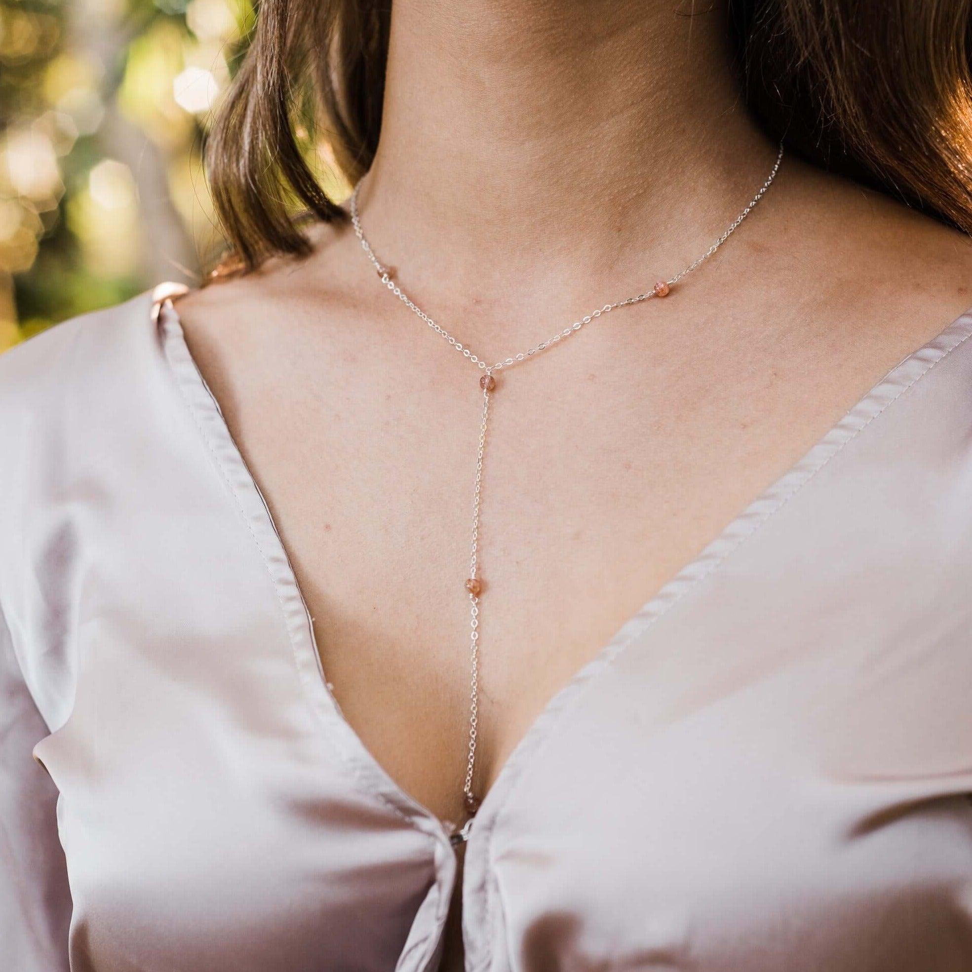 Dainty Sunstone Lariat Necklace - Dainty Sunstone Lariat Necklace - 14k Gold Fill - Luna Tide Handmade Crystal Jewellery