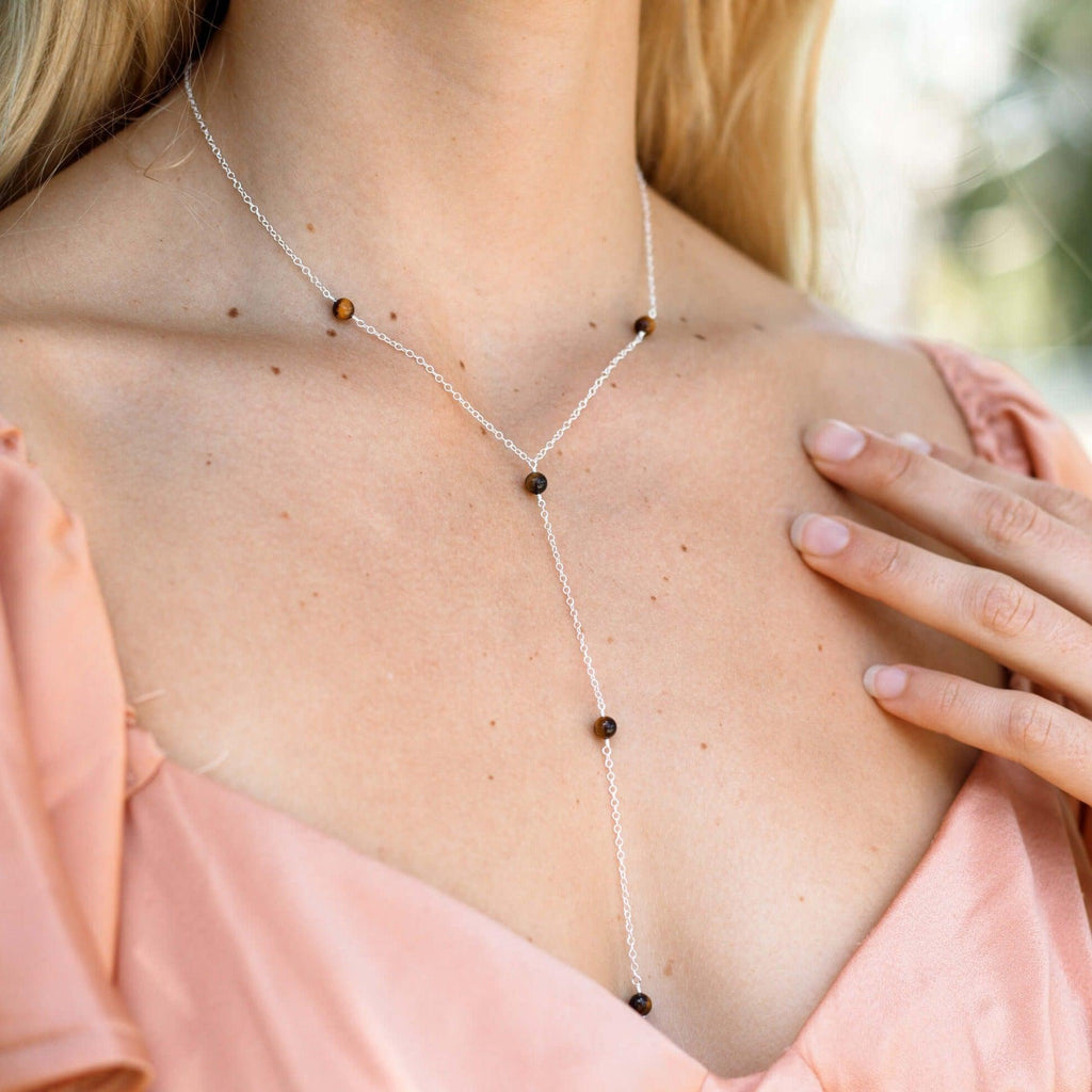 Dainty Tiger's Eye Gemstone Lariat Necklace - Dainty Tiger's Eye Gemstone Lariat Necklace - 14k Gold Fill - Luna Tide Handmade Crystal Jewellery