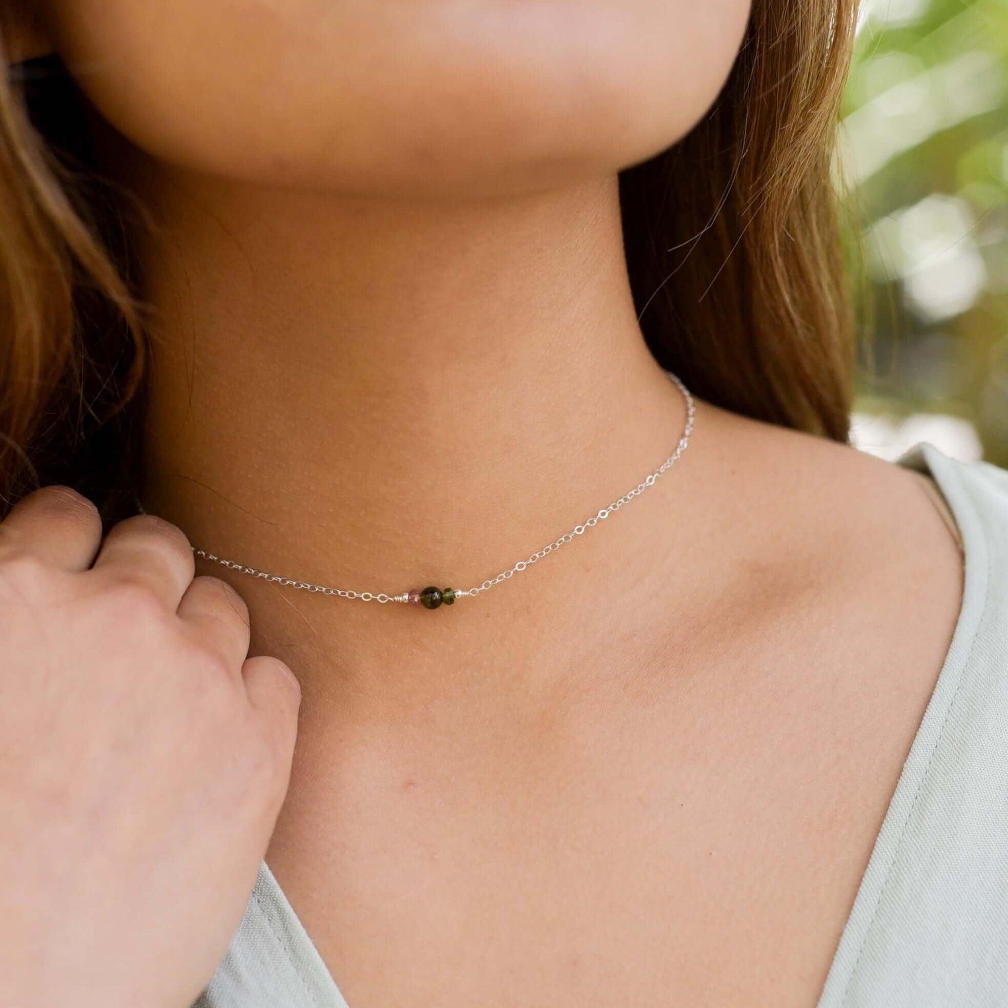 Dainty Tourmaline Gemstone Choker Necklace - Dainty Tourmaline Gemstone Choker Necklace - Sterling Silver - Luna Tide Handmade Crystal Jewellery