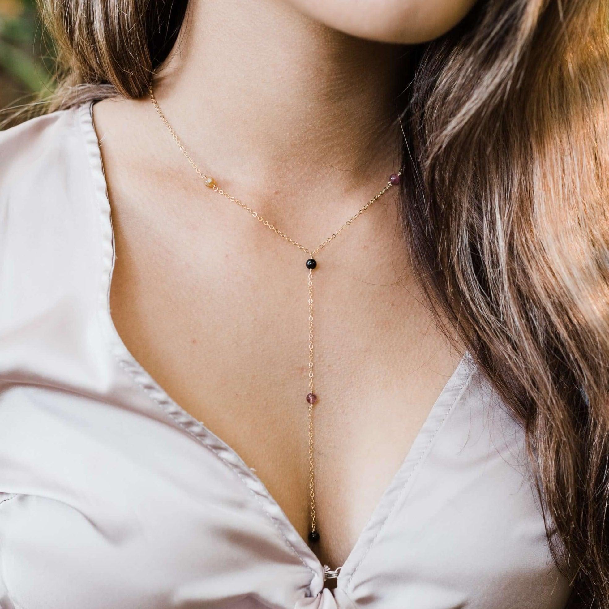 Dainty Tourmaline Lariat Necklace - Dainty Tourmaline Lariat Necklace - 14k Gold Fill - Luna Tide Handmade Crystal Jewellery