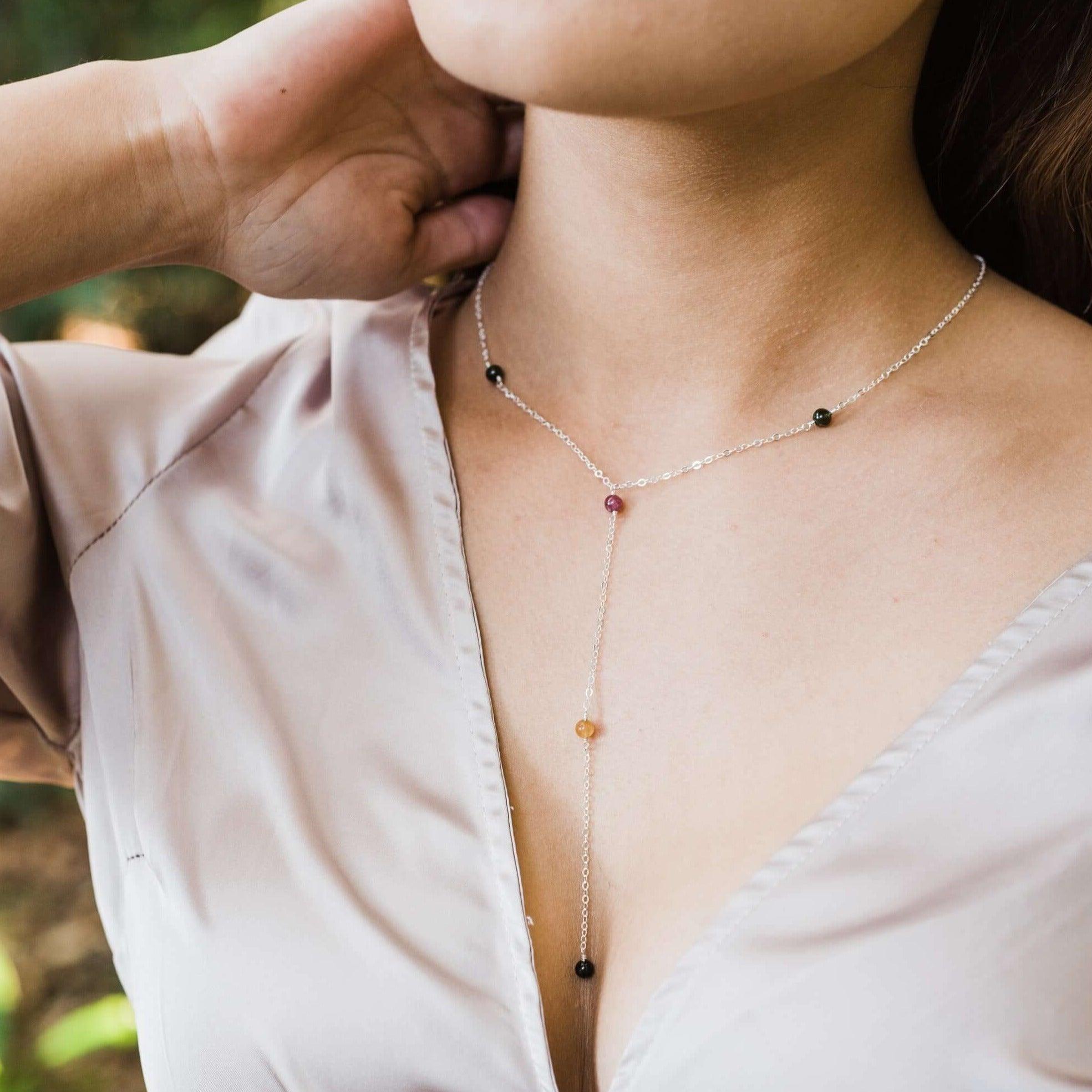 Dainty Tourmaline Lariat Necklace - Dainty Tourmaline Lariat Necklace - 14k Gold Fill - Luna Tide Handmade Crystal Jewellery