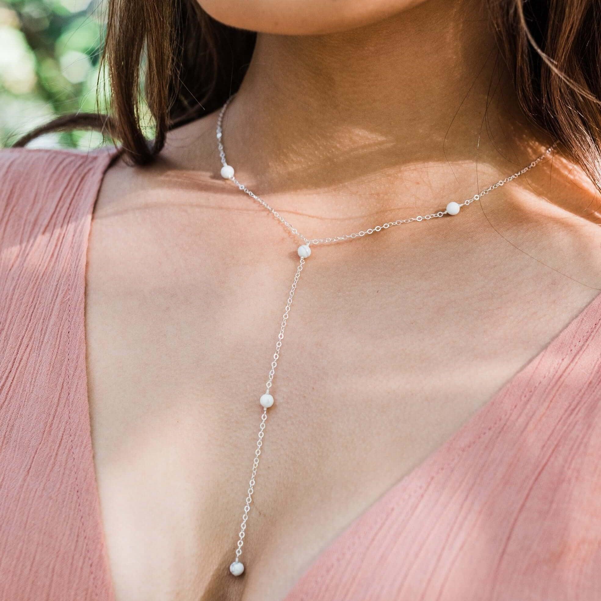 Dainty White Howlite Lariat Necklace - Dainty White Howlite Lariat Necklace - Sterling Silver - Luna Tide Handmade Crystal Jewellery