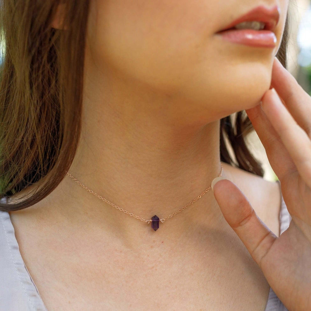 Double Terminated Amethyst Mini Crystal Point Choker Necklace - Double Terminated Amethyst Mini Crystal Point Choker Necklace - Sterling Silver - Luna Tide Handmade Crystal Jewellery