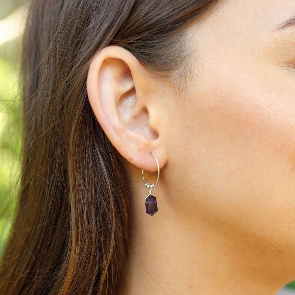 Double Terminated Amethyst Mini Crystal Point Dangle Hoop Earrings - Double Terminated Amethyst Mini Crystal Point Dangle Hoop Earrings - Sterling Silver - Luna Tide Handmade Crystal Jewellery