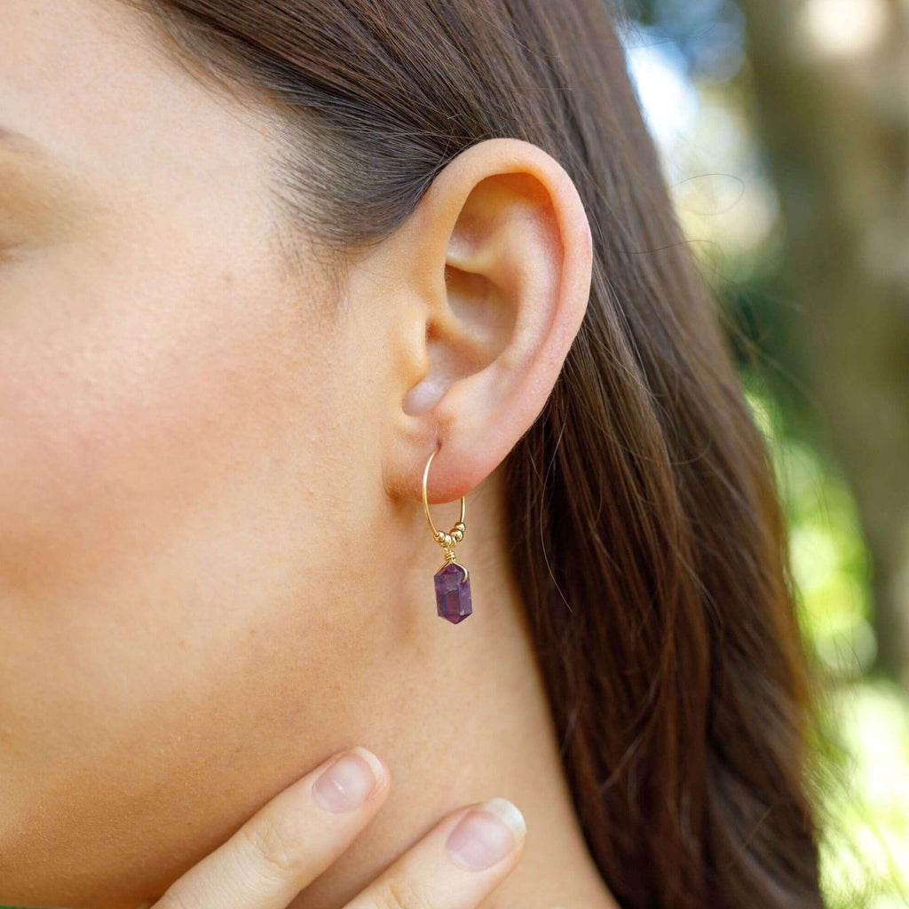 Double Terminated Amethyst Mini Crystal Point Dangle Hoop Earrings - Double Terminated Amethyst Mini Crystal Point Dangle Hoop Earrings - Sterling Silver - Luna Tide Handmade Crystal Jewellery