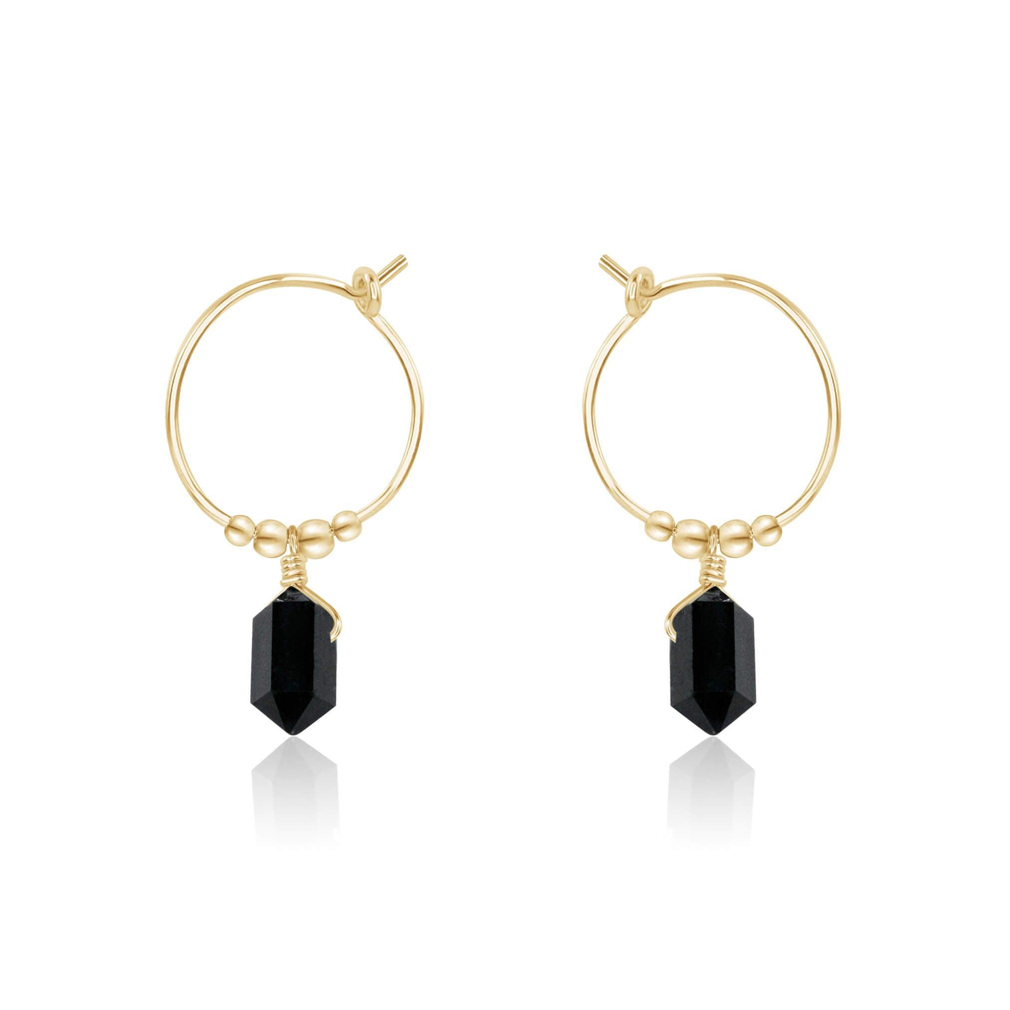 Double Terminated Black Tourmaline Mini Crystal Point Dangle Hoop Earrings - Double Terminated Black Tourmaline Mini Crystal Point Dangle Hoop Earrings - 14k Gold Fill - Luna Tide Handmade Crystal Jewellery