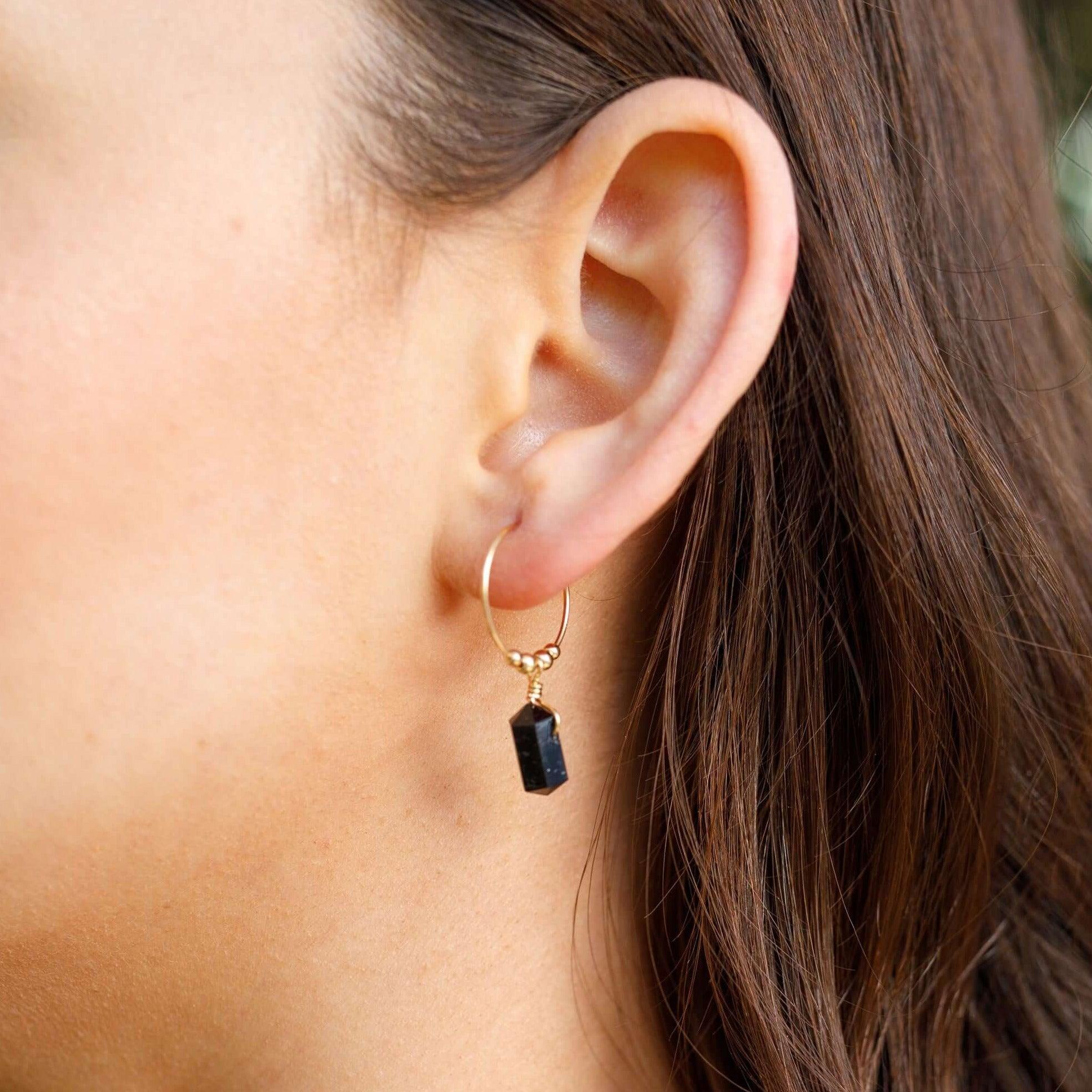 Double Terminated Black Tourmaline Mini Crystal Point Dangle Hoop Earrings - Double Terminated Black Tourmaline Mini Crystal Point Dangle Hoop Earrings - Sterling Silver - Luna Tide Handmade Crystal Jewellery