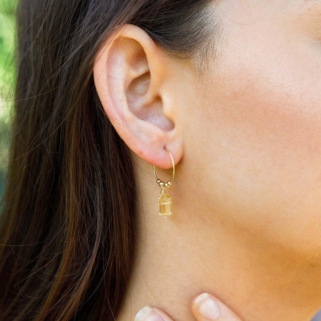 Double Terminated Citrine Mini Crystal Point Dangle Hoop Earrings - Double Terminated Citrine Mini Crystal Point Dangle Hoop Earrings - 14k Gold Fill - Luna Tide Handmade Crystal Jewellery