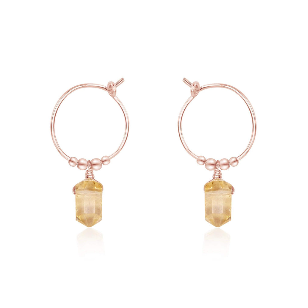 Double Terminated Citrine Mini Crystal Point Dangle Hoop Earrings - Double Terminated Citrine Mini Crystal Point Dangle Hoop Earrings - 14k Rose Gold Fill - Luna Tide Handmade Crystal Jewellery