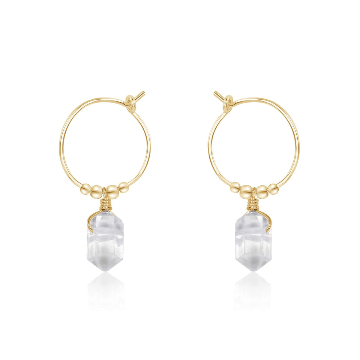 Tiny Double Terminated Crystal Hoop Dangle Earrings - Crystal Quartz - 14K Gold Fill - Luna Tide Handmade Jewellery
