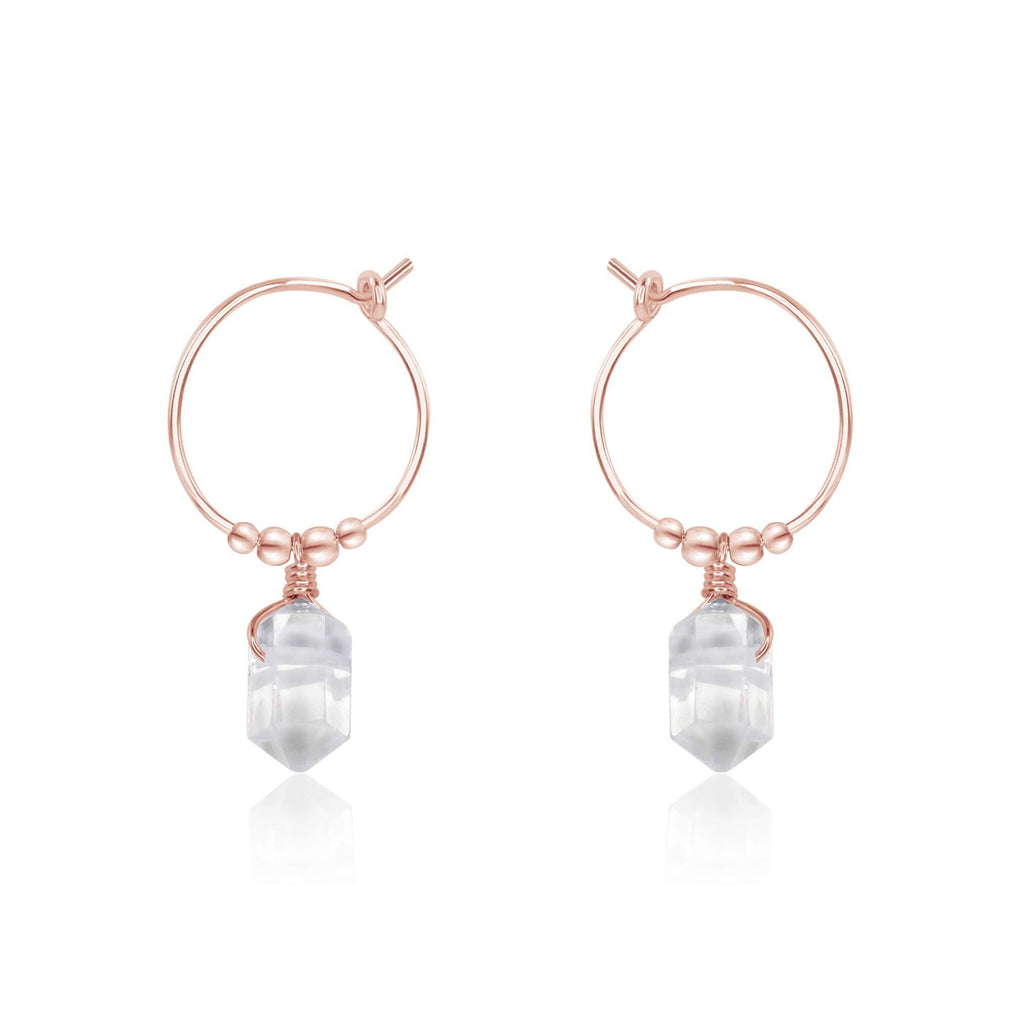 Double Terminated Crystal Quartz Mini Crystal Point Dangle Hoop Earrings - Double Terminated Crystal Quartz Mini Crystal Point Dangle Hoop Earrings - 14k Rose Gold Fill - Luna Tide Handmade Crystal Jewellery