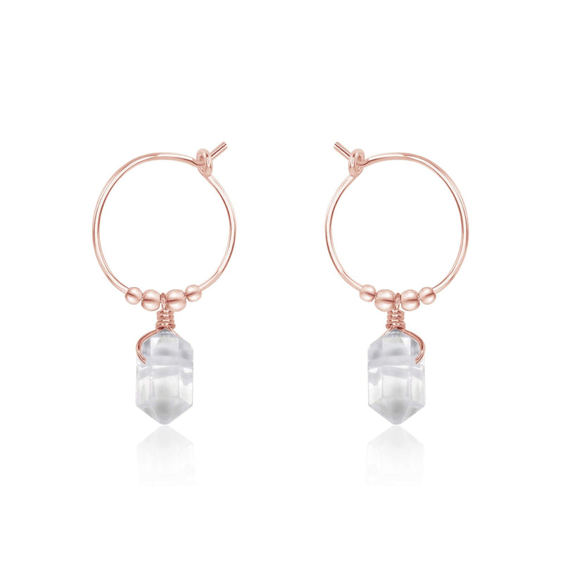 Tiny Double Terminated Crystal Hoop Dangle Earrings - Crystal Quartz - 14K Rose Gold Fill - Luna Tide Handmade Jewellery