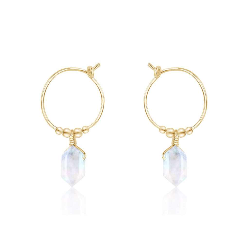 Double Terminated Rainbow Moonstone Mini Crystal Point Dangle Hoop Earrings - Double Terminated Rainbow Moonstone Mini Crystal Point Dangle Hoop Earrings - 14k Gold Fill - Luna Tide Handmade Crystal Jewellery