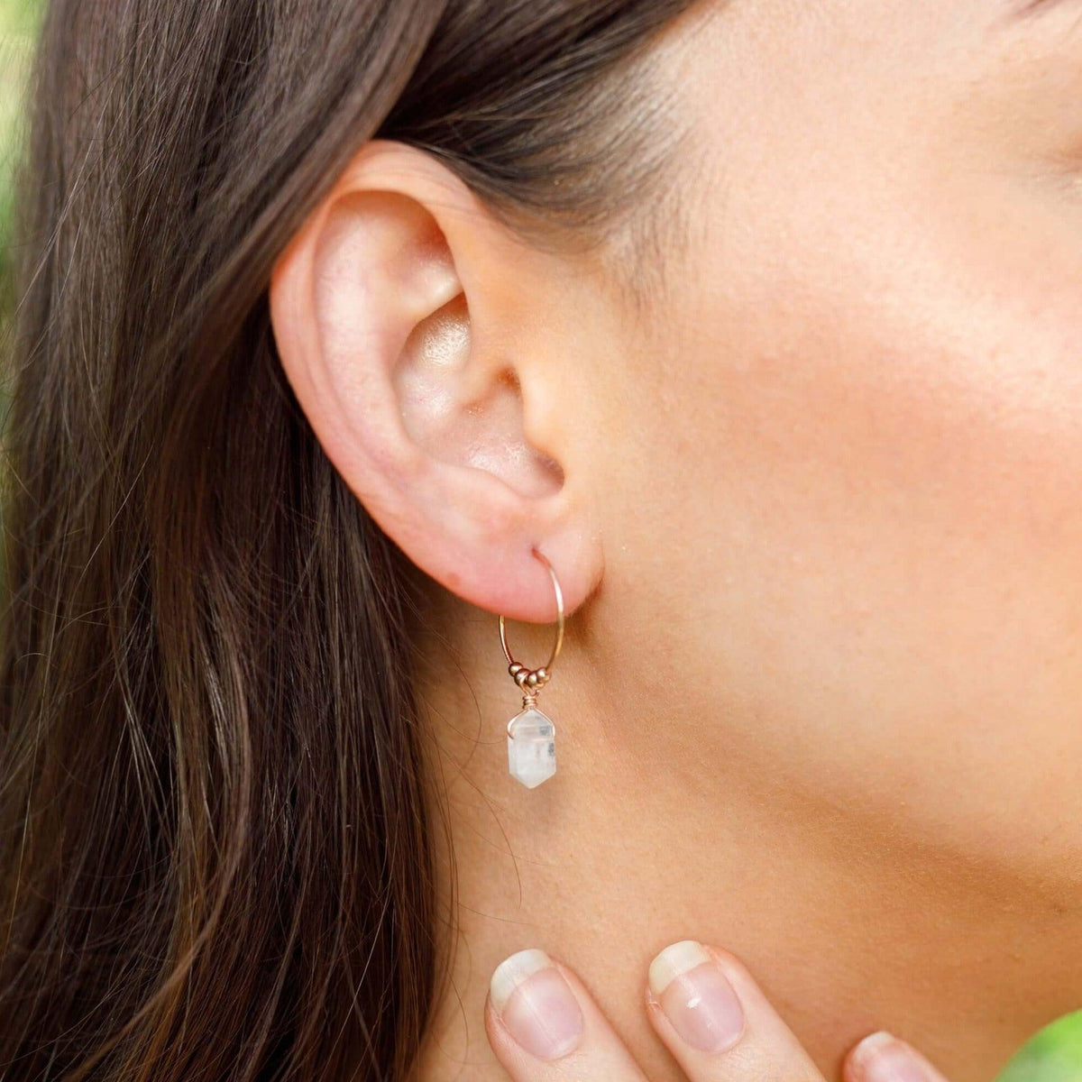 Tiny Double Terminated Crystal Hoop Dangle Earrings - Rainbow Moonstone - 14K Rose Gold Fill - Luna Tide Handmade Jewellery