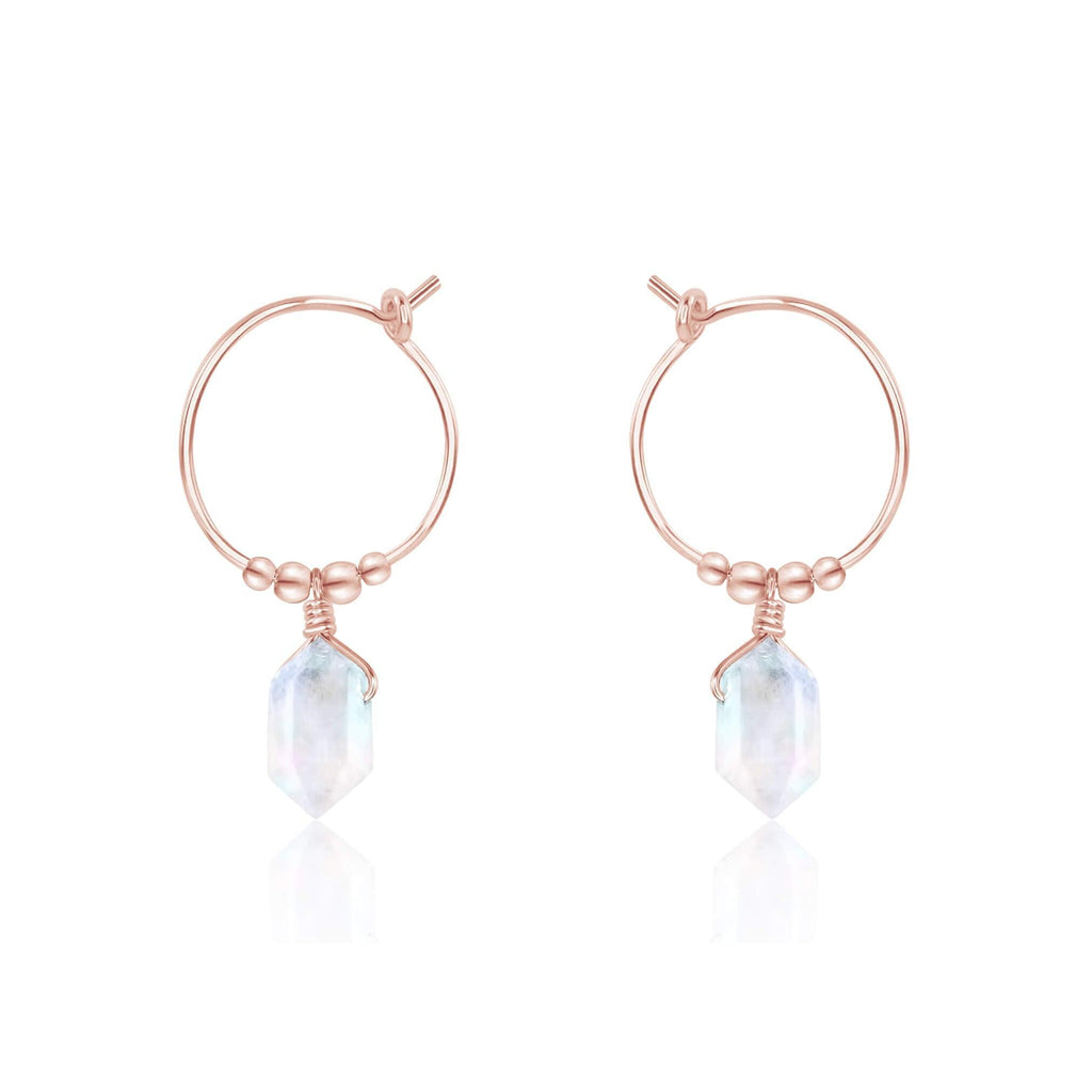 Double Terminated Rainbow Moonstone Mini Crystal Point Dangle Hoop Earrings - Double Terminated Rainbow Moonstone Mini Crystal Point Dangle Hoop Earrings - 14k Rose Gold Fill - Luna Tide Handmade Crystal Jewellery