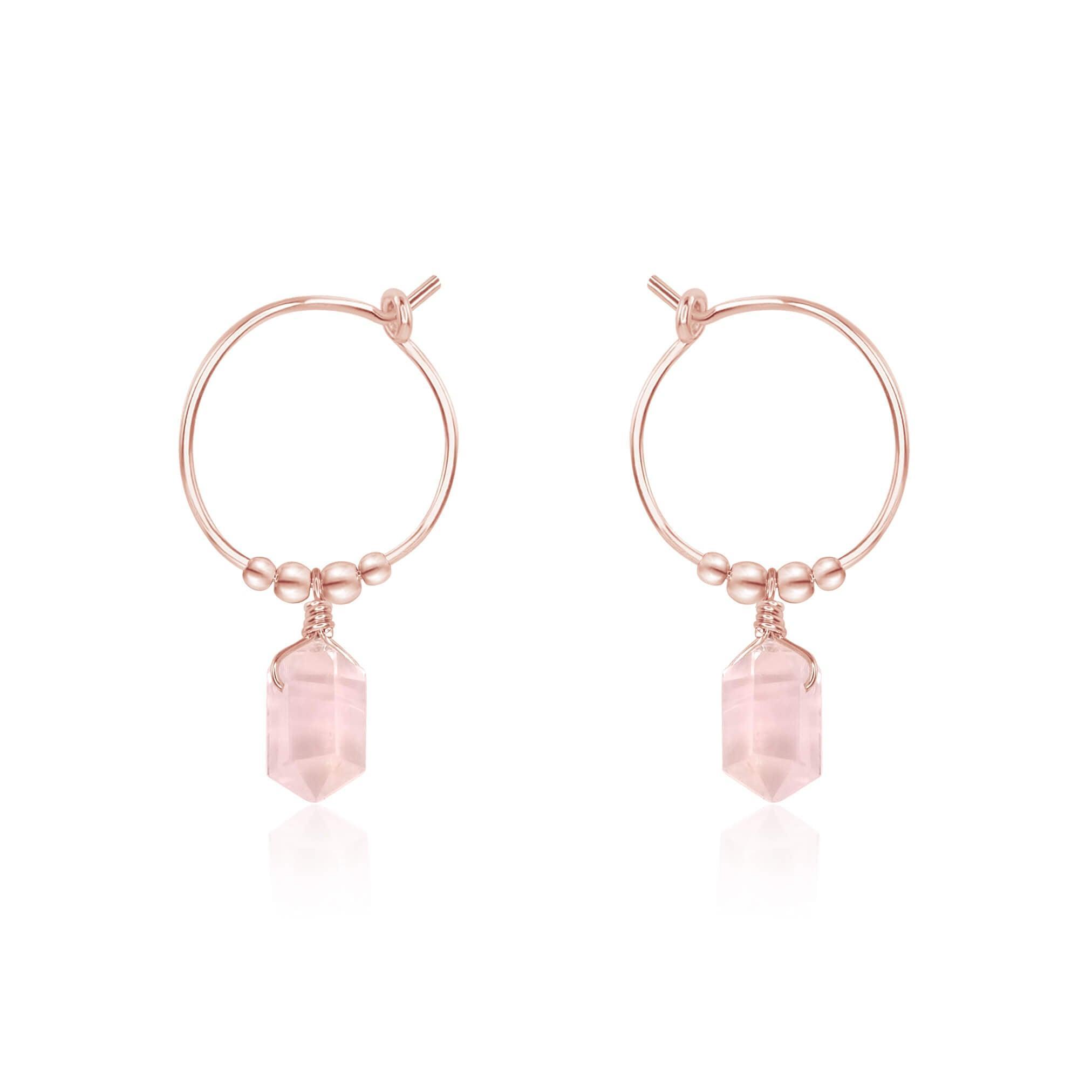 Double Terminated Rose Quartz Mini Crystal Point Dangle Hoop Earrings - Double Terminated Rose Quartz Mini Crystal Point Dangle Hoop Earrings - 14k Rose Gold Fill - Luna Tide Handmade Crystal Jewellery