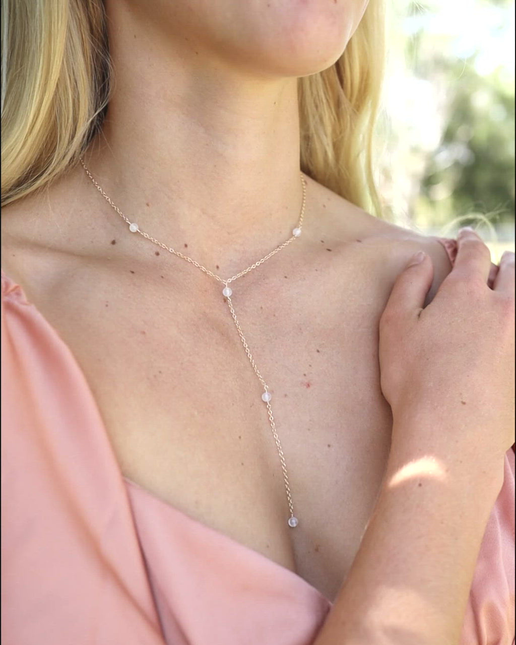 Dainty White Selenite Gemstone Lariat Necklace
