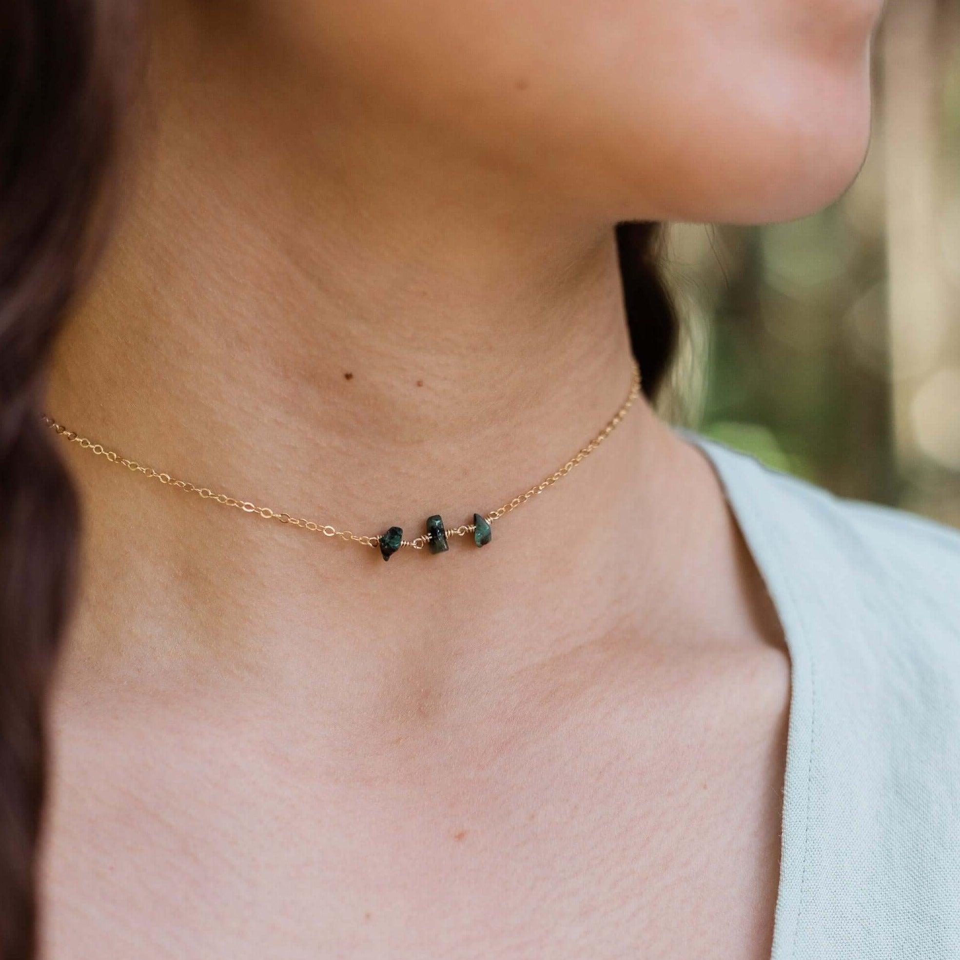 Emerald Beaded Chain Choker Necklace - Emerald Beaded Chain Choker Necklace - Sterling Silver - Luna Tide Handmade Crystal Jewellery