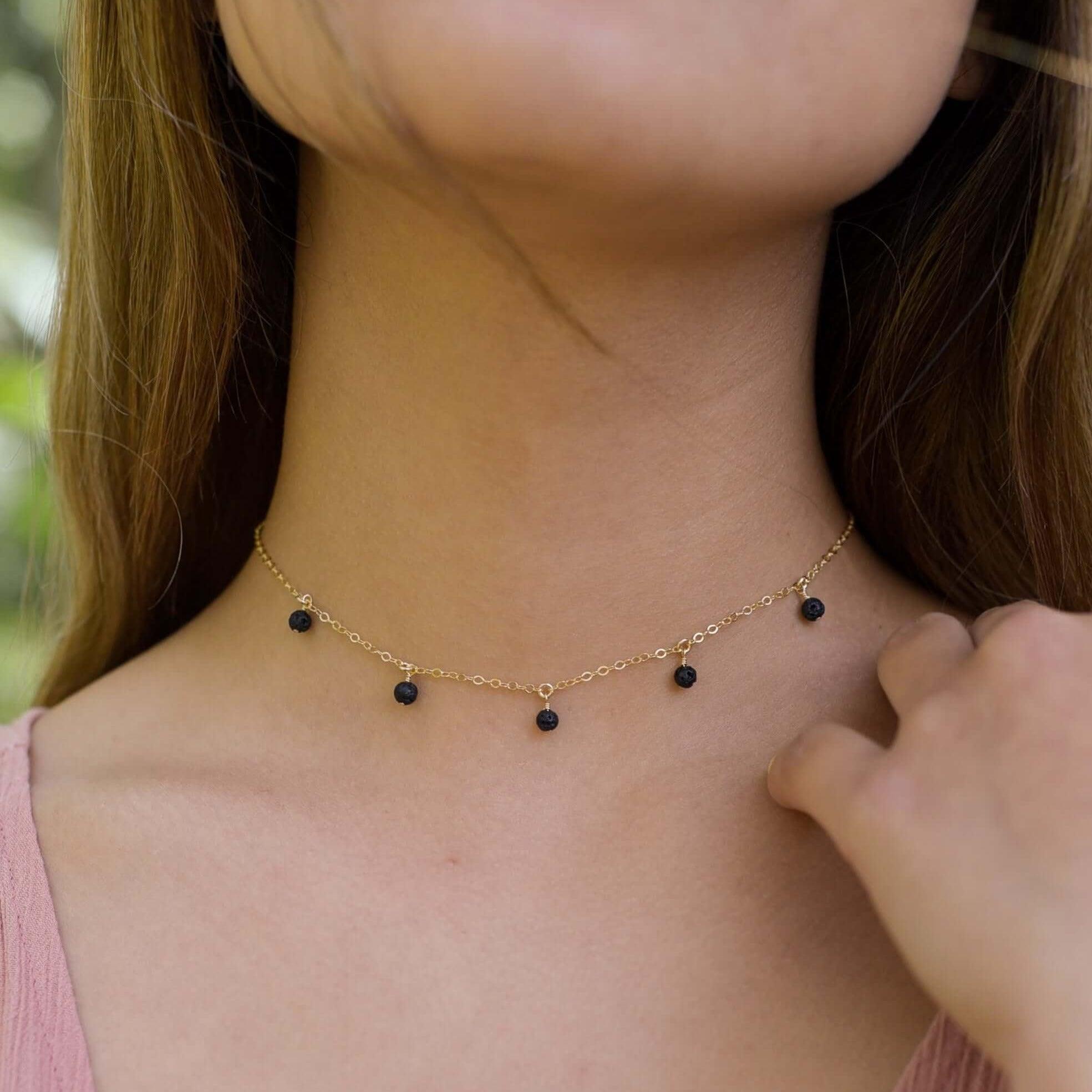 Essential Oil Lava Stone Bead Drop Choker - Essential Oil Lava Stone Bead Drop Choker - 14k Gold Fill - Luna Tide Handmade Crystal Jewellery