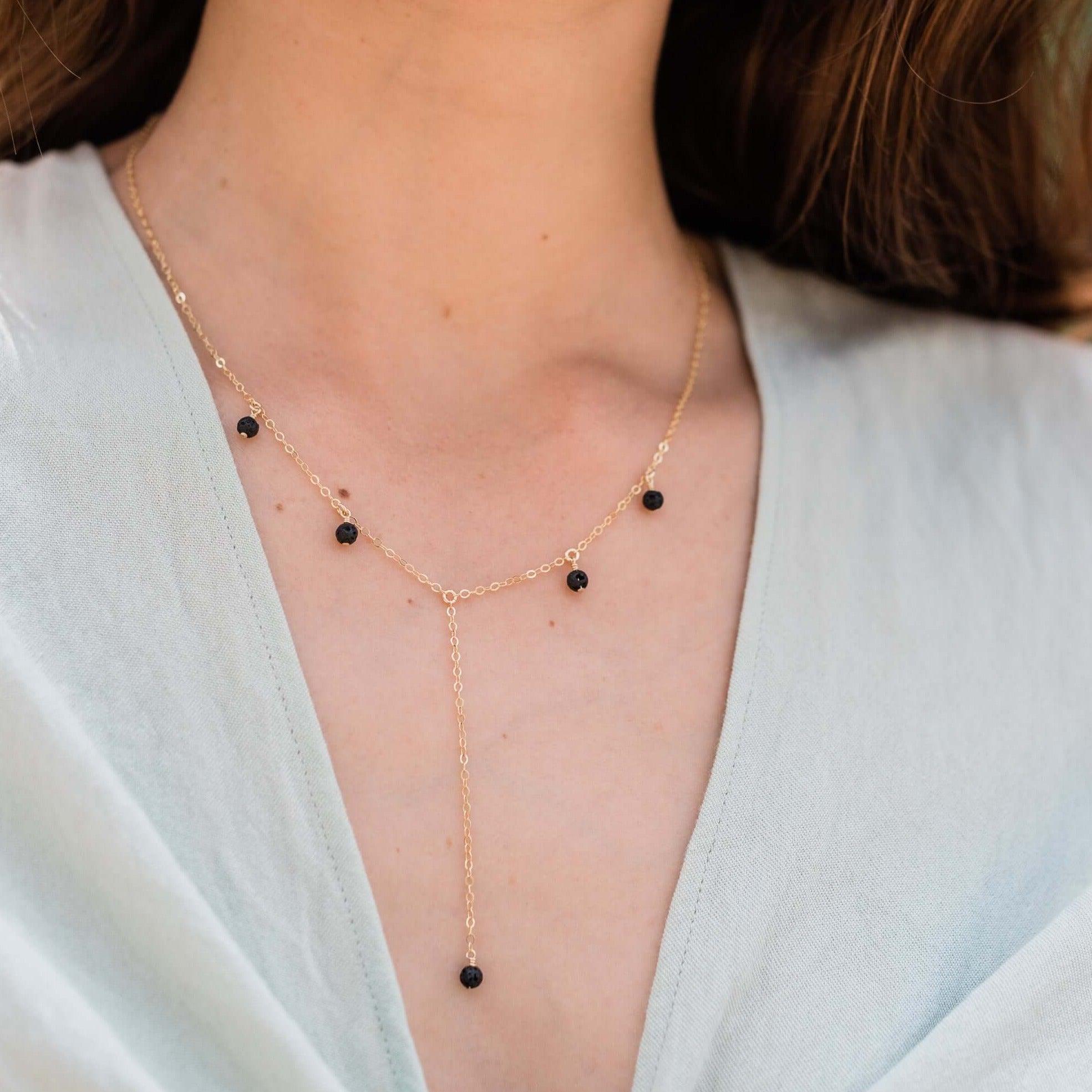 Essential Oil Lava Stone Boho Lariat Necklace - Essential Oil Lava Stone Boho Lariat Necklace - Sterling Silver - Luna Tide Handmade Crystal Jewellery