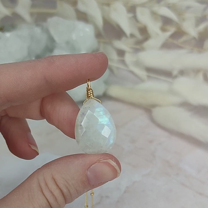 Large Rainbow Moonstone Teardrop Necklace