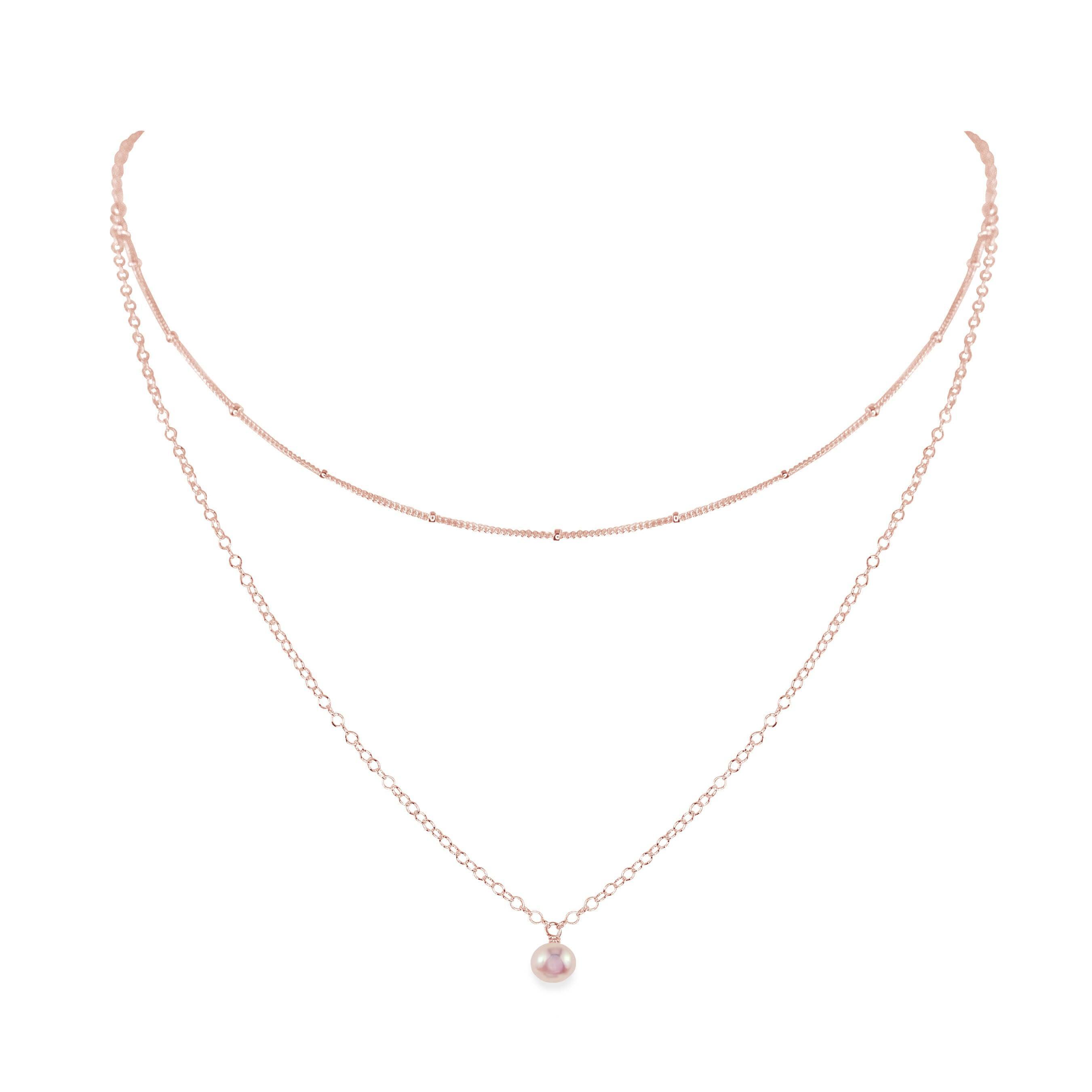 Freshwater Pearl Gemstone Chain Layered Choker Necklace - Freshwater Pearl Gemstone Chain Layered Choker Necklace - 14k Rose Gold Fill - Luna Tide Handmade Crystal Jewellery