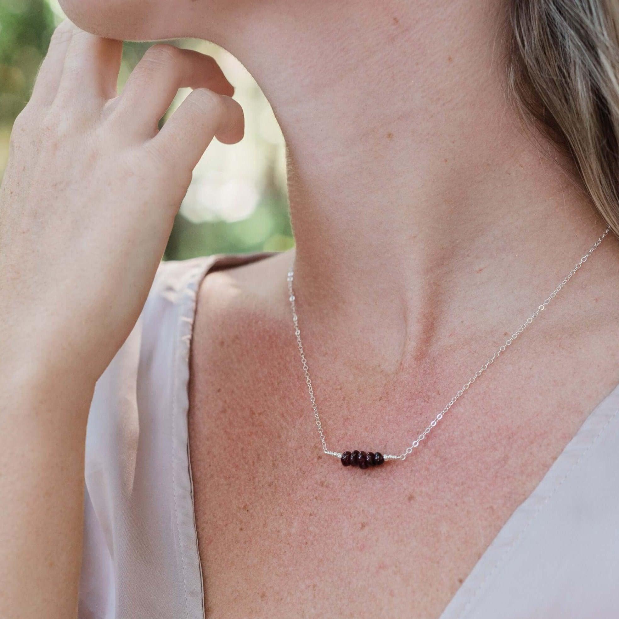 Garnet Chip Bead Bar Necklace - Garnet Chip Bead Bar Necklace - Sterling Silver - Luna Tide Handmade Crystal Jewellery