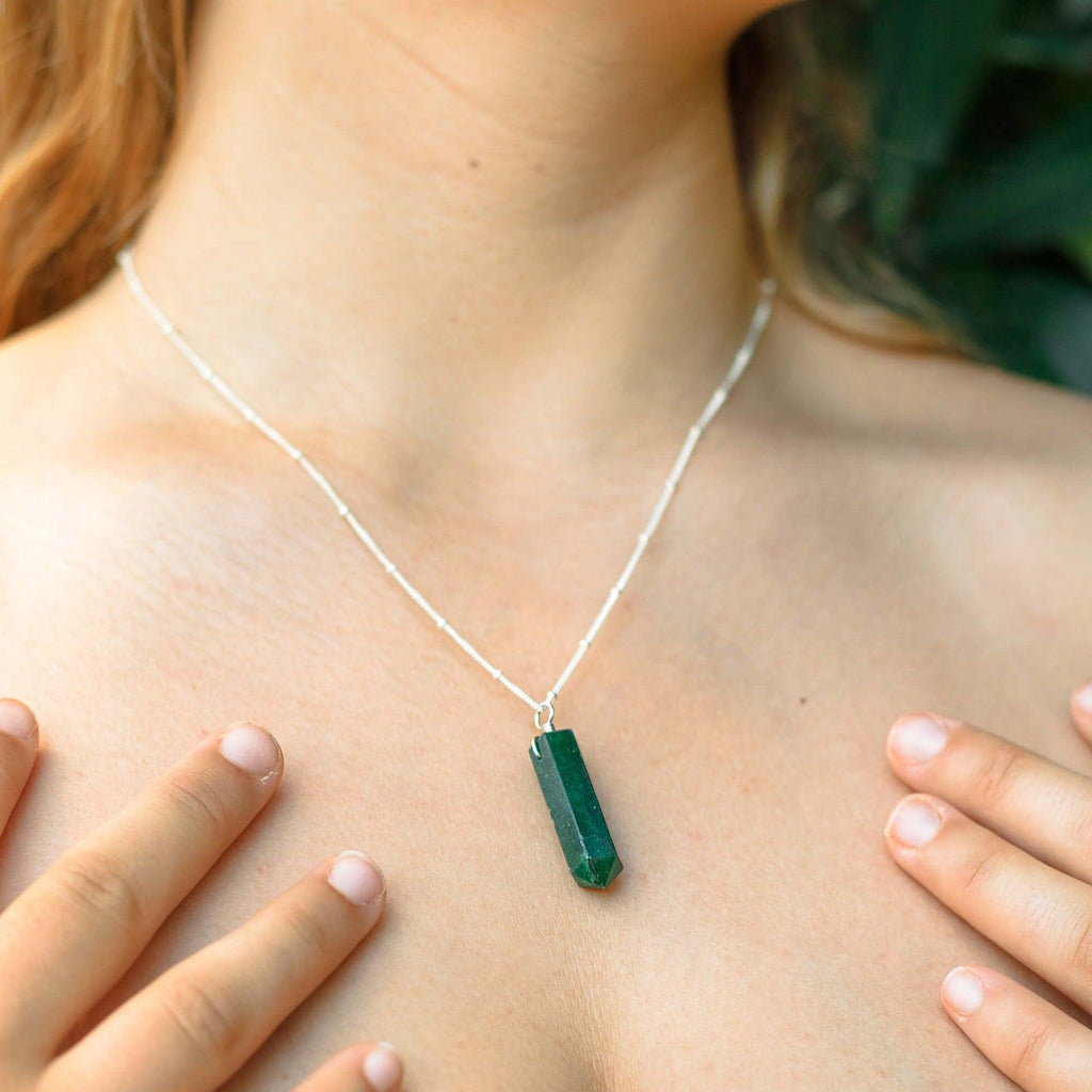 Green Aventurine Crystal Generator Point Pendant Necklace - Green Aventurine Crystal Generator Point Pendant Necklace - Sterling Silver / Cable - Luna Tide Handmade Crystal Jewellery