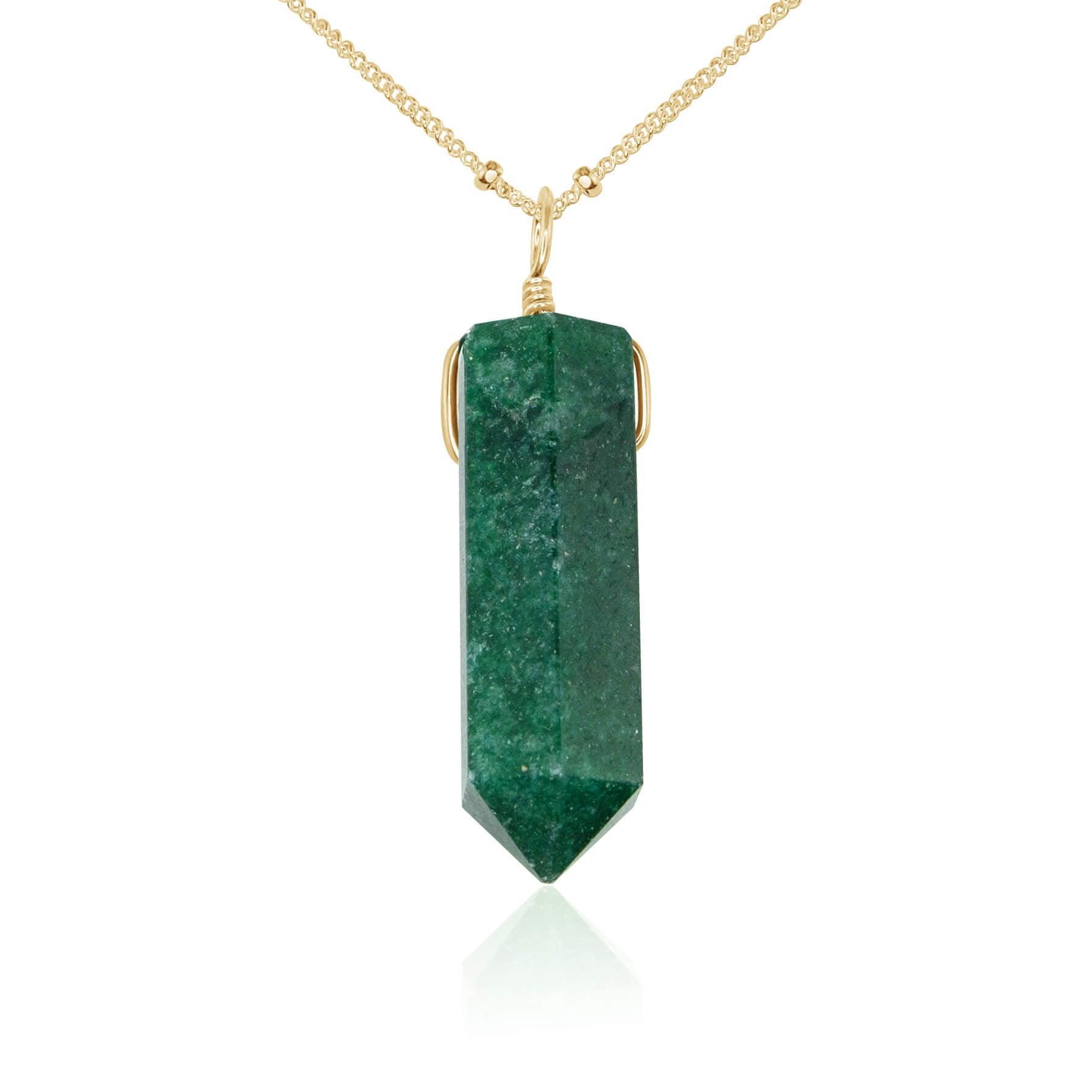 Green Aventurine Gemstone Generator Tower Point Pendant Necklace - Green Aventurine Gemstone Generator Tower Point Pendant Necklace - 14k Gold Fill / Satellite - Luna Tide Handmade Crystal Jewellery