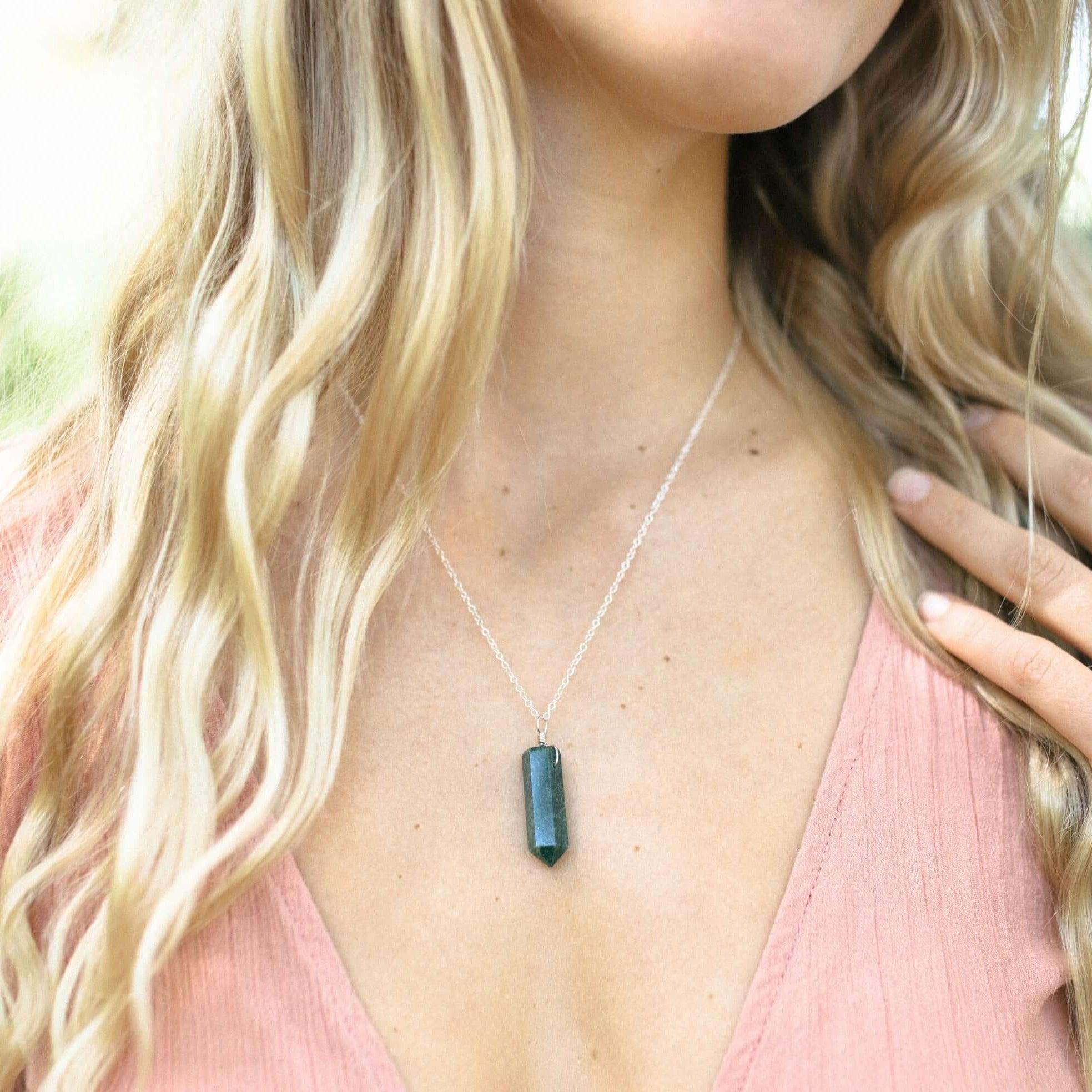 Green Aventurine Gemstone Generator Tower Point Pendant Necklace - Green Aventurine Gemstone Generator Tower Point Pendant Necklace - 14k Gold Fill / Satellite - Luna Tide Handmade Crystal Jewellery