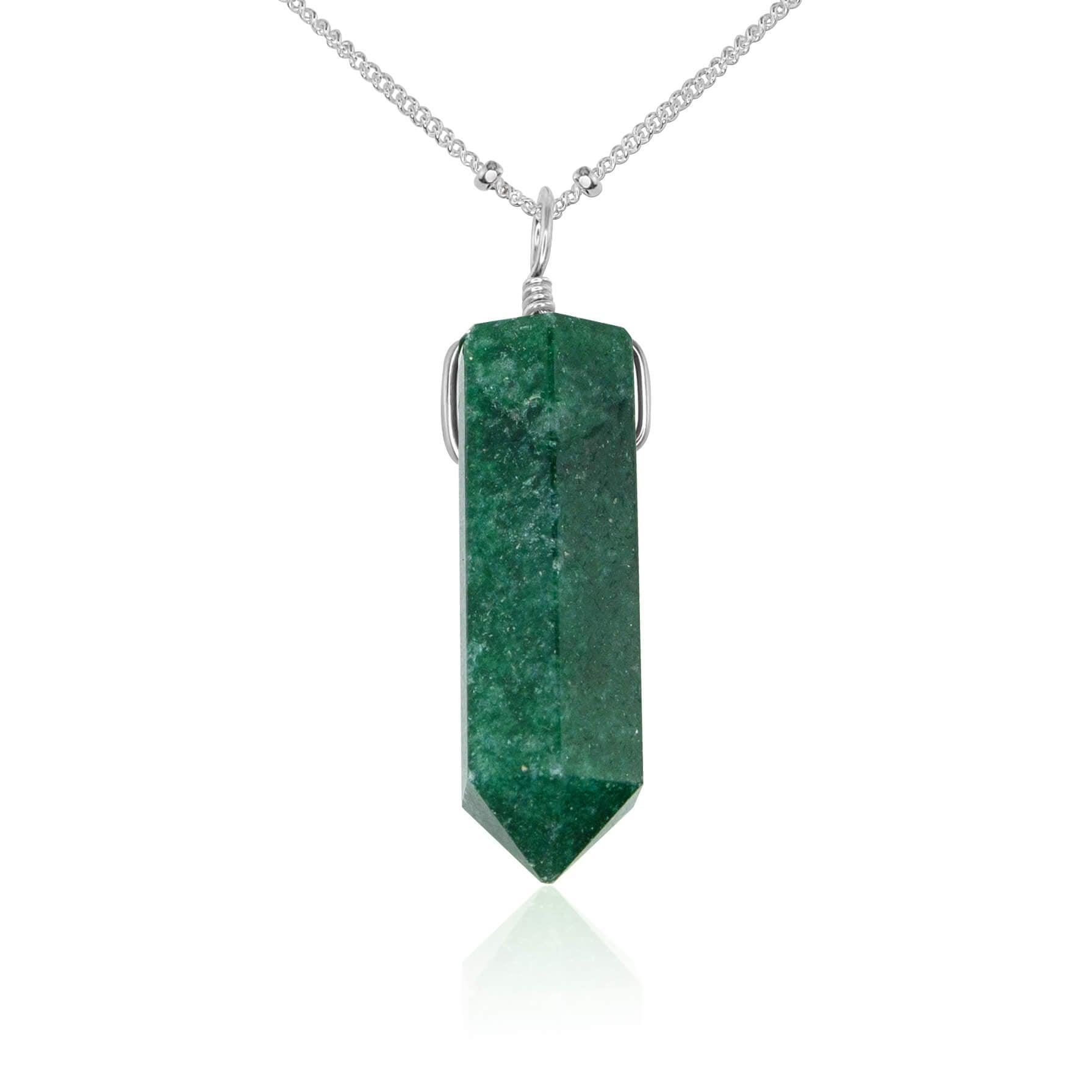 Green Aventurine Gemstone Generator Tower Point Pendant Necklace - Green Aventurine Gemstone Generator Tower Point Pendant Necklace - Sterling Silver / Satellite - Luna Tide Handmade Crystal Jewellery