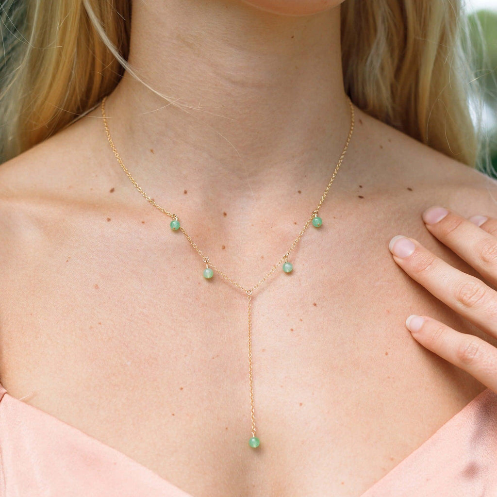 Green Chrysoprase Crystal Boho Lariat Necklace - Green Chrysoprase Crystal Boho Lariat Necklace - Sterling Silver - Luna Tide Handmade Crystal Jewellery