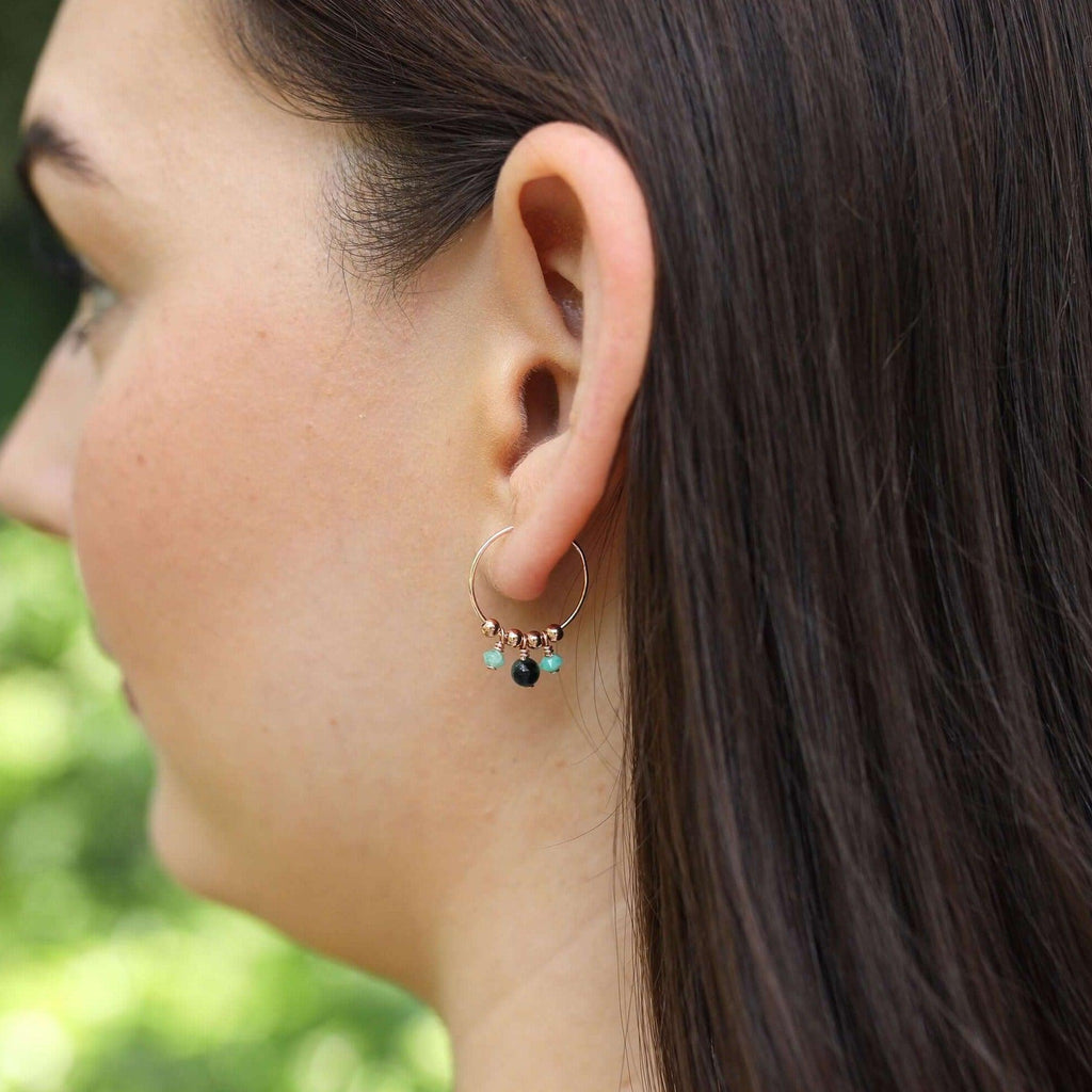 Green Emerald Gemstone Bead Drop Hoop Earrings - Green Emerald Gemstone Bead Drop Hoop Earrings - 14k Gold Fill - Luna Tide Handmade Crystal Jewellery