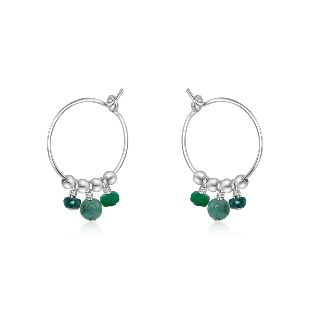 Green Emerald Gemstone Bead Drop Hoop Earrings - Green Emerald Gemstone Bead Drop Hoop Earrings - Sterling Silver - Luna Tide Handmade Crystal Jewellery