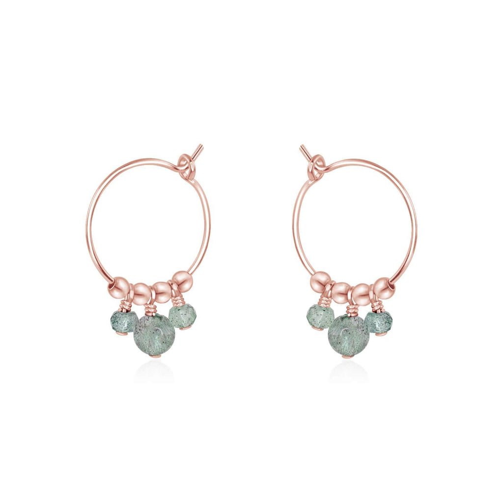 Grey Labradorite Gemstone Bead Drop Hoop Earrings - Grey Labradorite Gemstone Bead Drop Hoop Earrings - 14k Rose Gold Fill - Luna Tide Handmade Crystal Jewellery