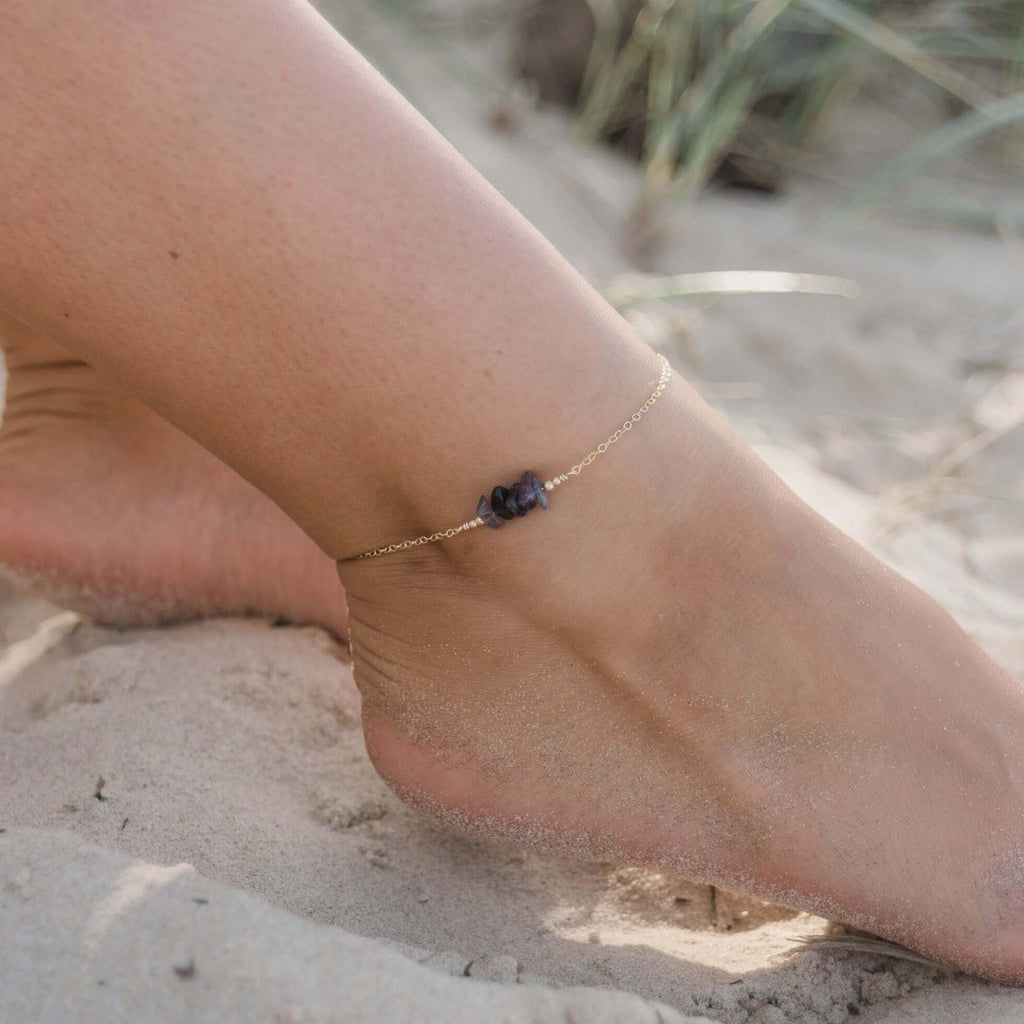 Iolite Chip Bead Bar Anklet - Iolite Chip Bead Bar Anklet - Sterling Silver - Luna Tide Handmade Crystal Jewellery