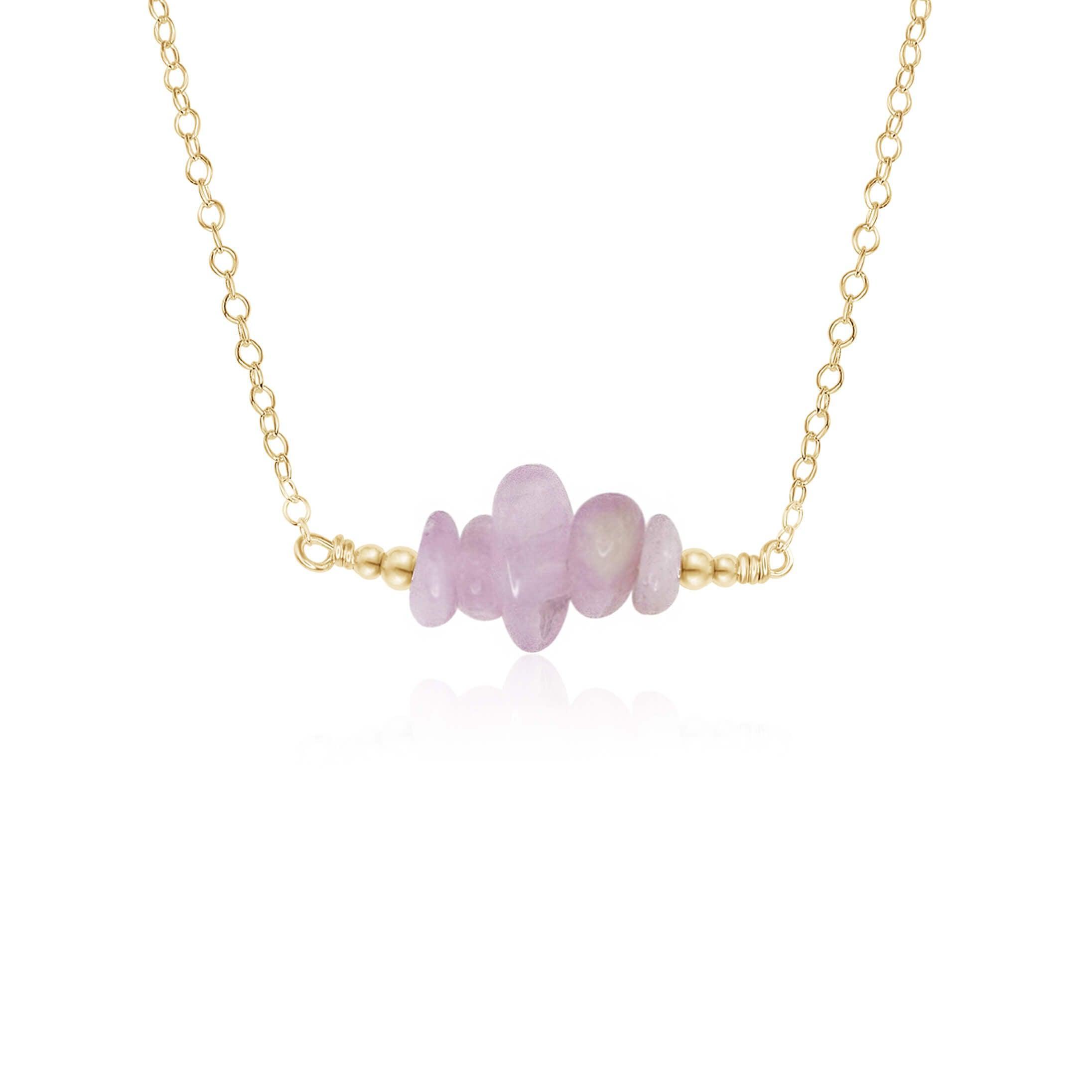 Kunzite Chip Bead Bar Necklace - Kunzite Chip Bead Bar Necklace - 14k Gold Fill - Luna Tide Handmade Crystal Jewellery